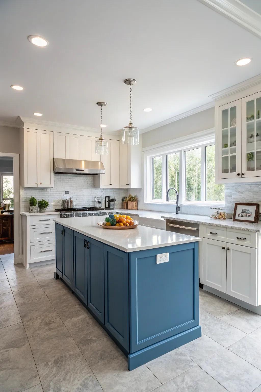 Dual-tone cabinetry harmonizes azure with white to achieve a contemporary and personalized cooking space visual.