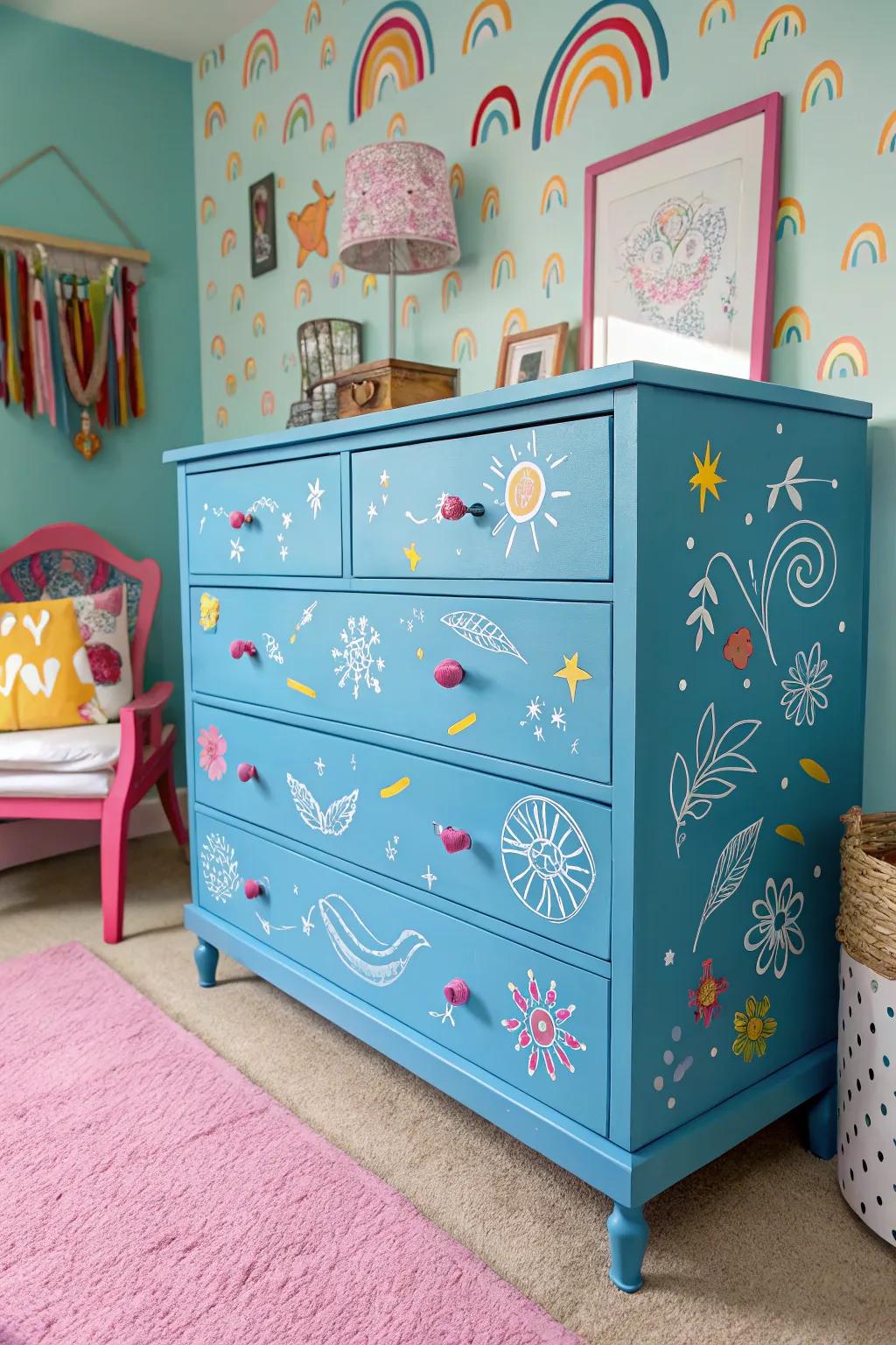A blue dresser adorned with whimsical patterns for a playful aesthetic.