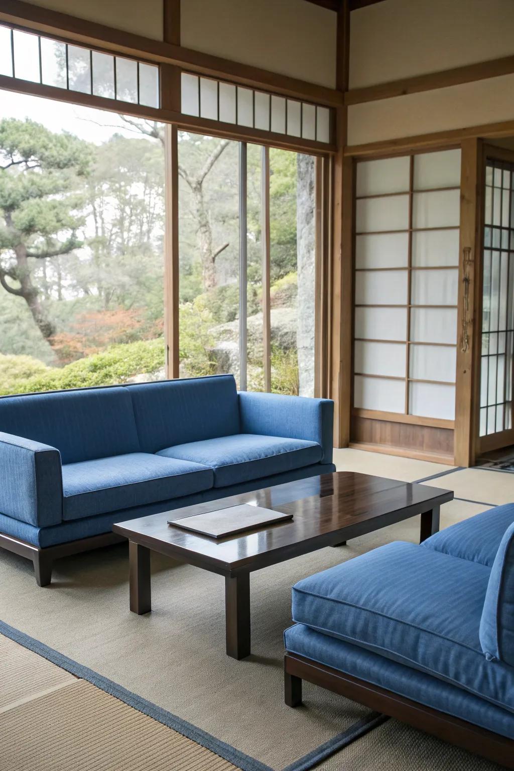Minimalist furniture allows the blue theme to stand out beautifully.