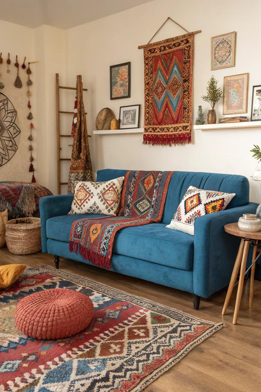 Eclectic patterns introduce character to a sapphire loveseat setting.