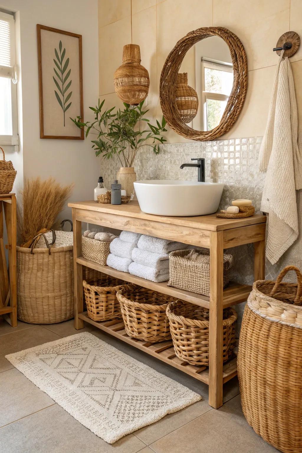 A boho bathroom accented by wicker and rattan features.