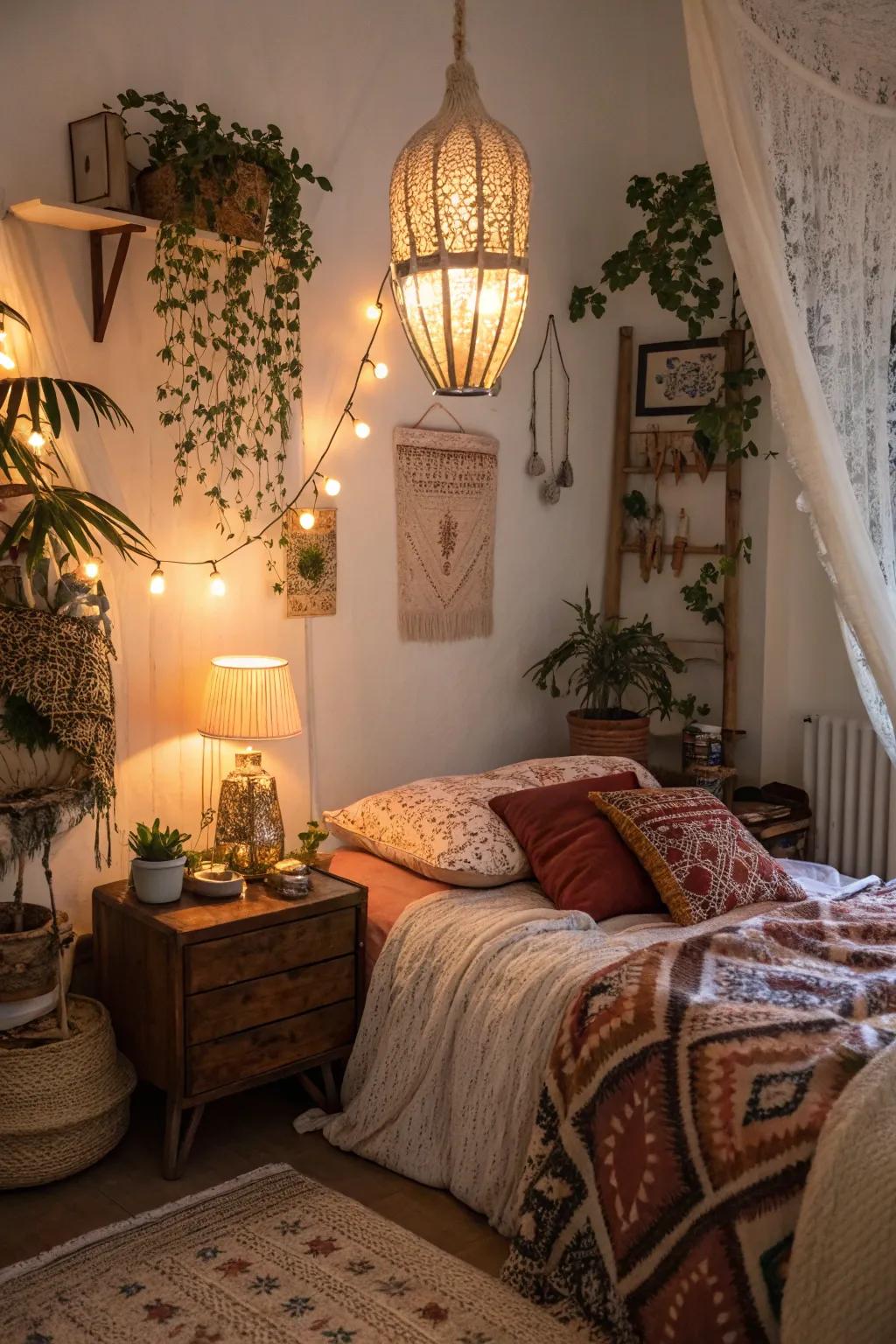 Warm illumination enhances the comfortable atmosphere of a bohemian bedroom.