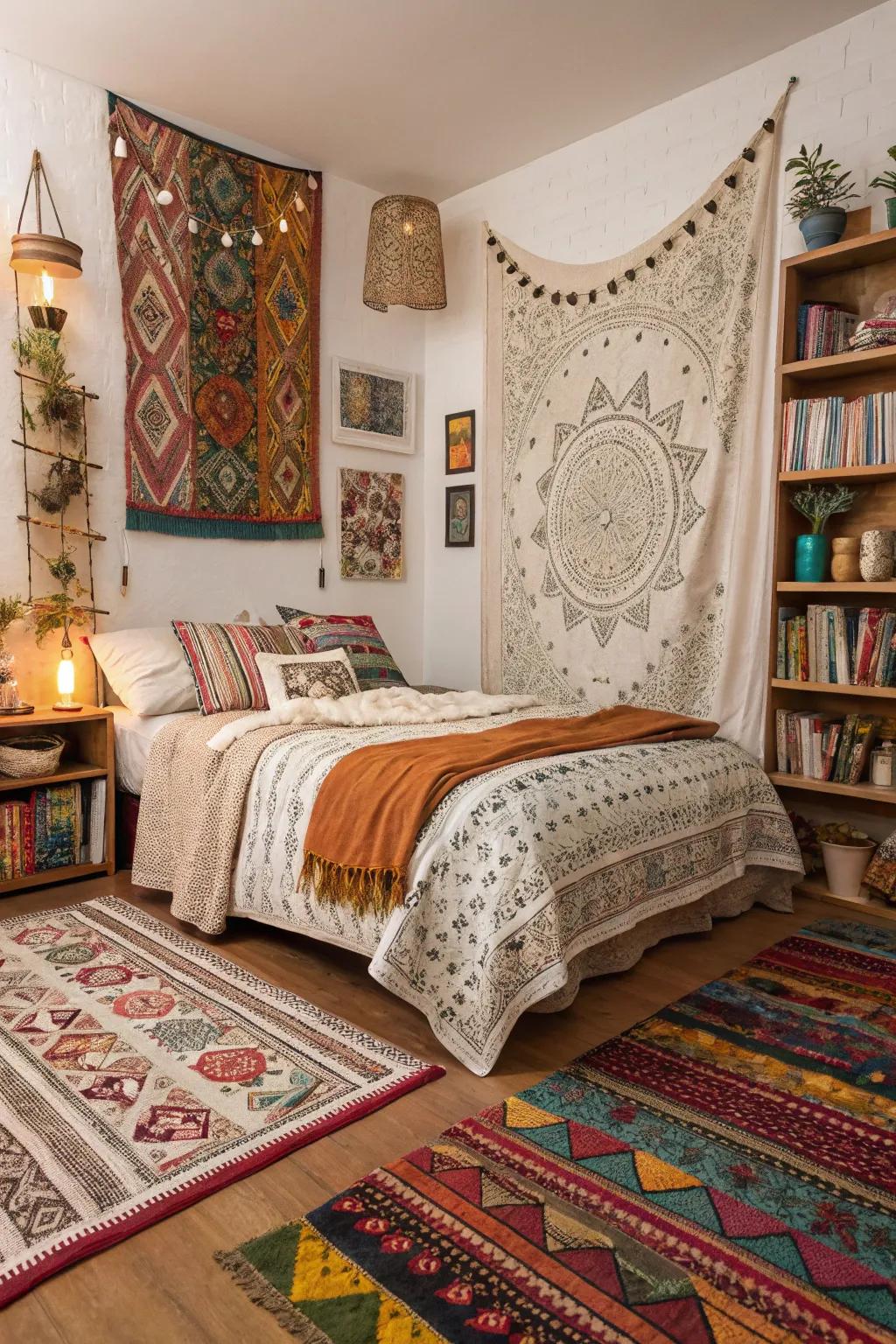 Fabrics add extra warmth to this boho bedroom.