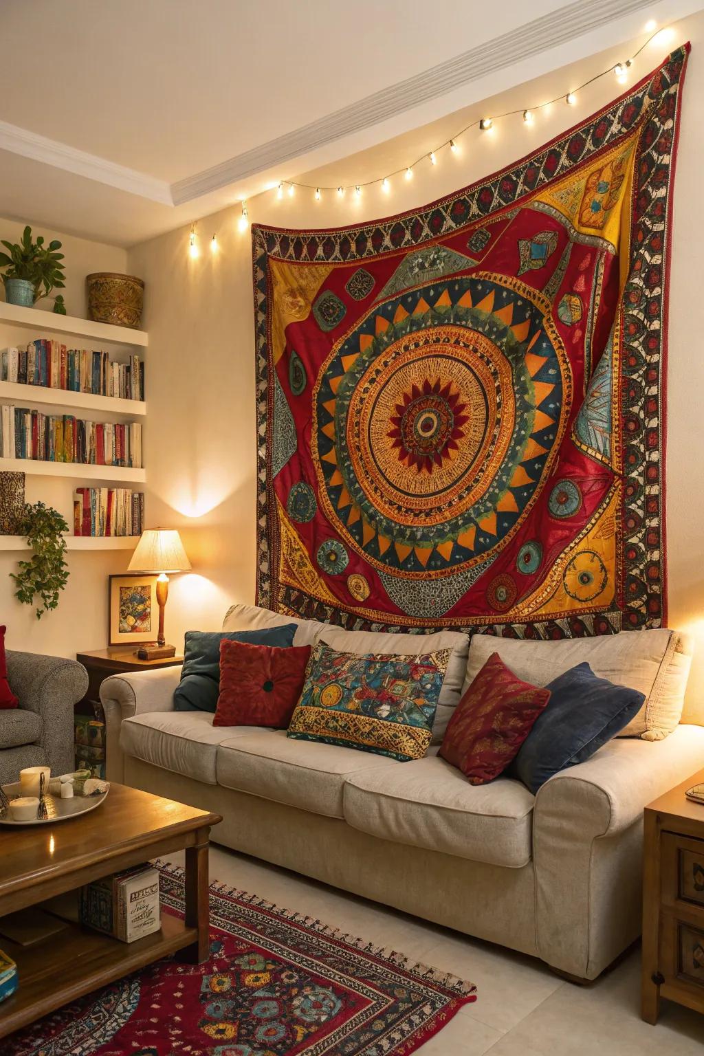 A living space showcasing a vibrant tapestry as a focal point.