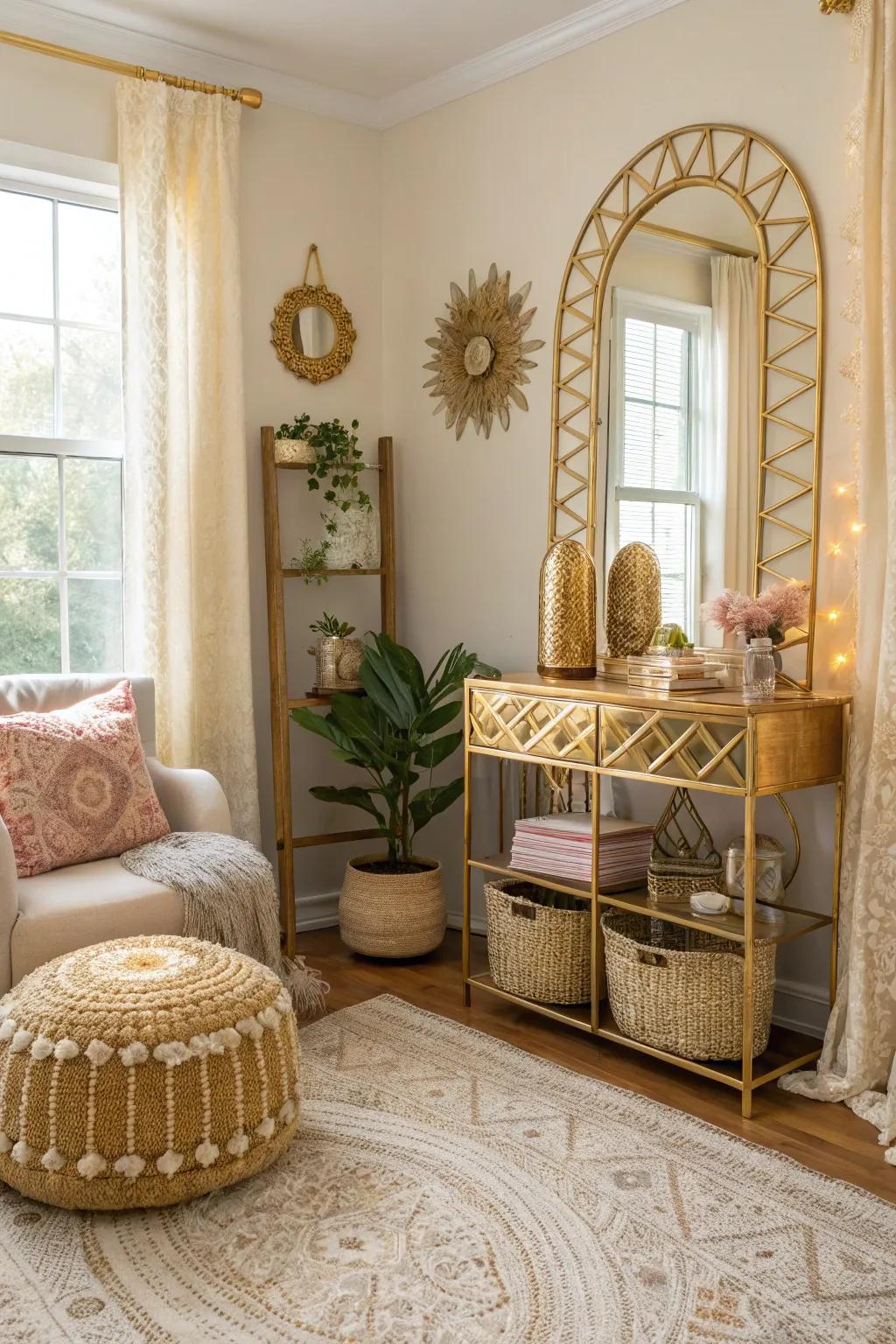 Gold touches introduce a subtle shimmer that elevates the free-spirited glamorous style.