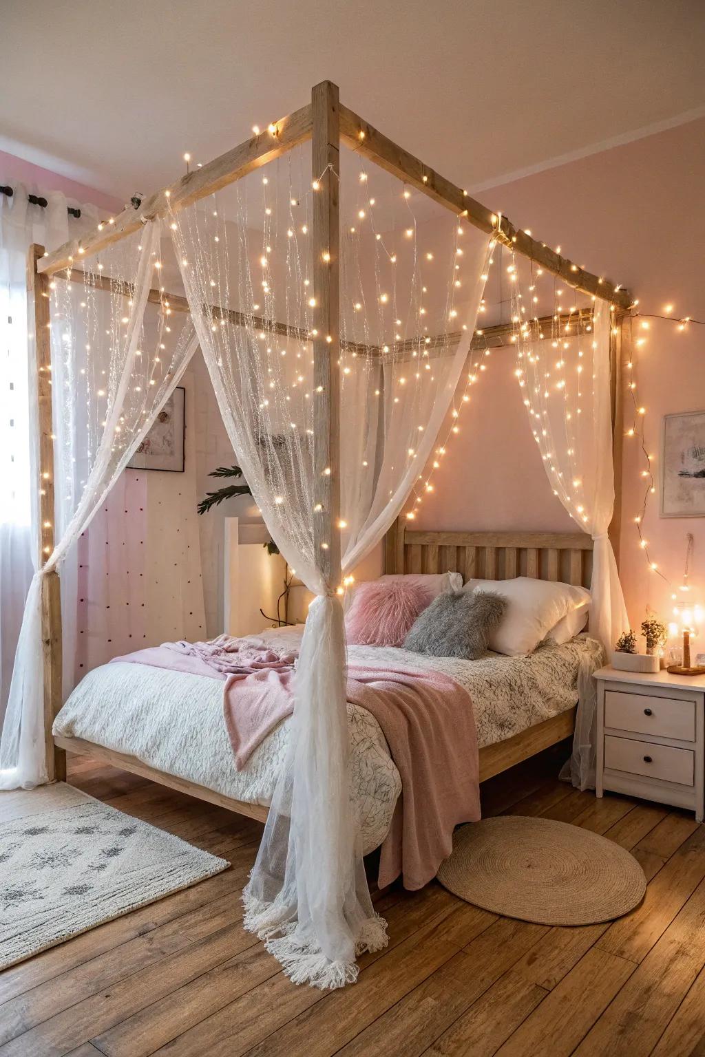 String lights arranged over a canopy bed in a boho-style bedroom.