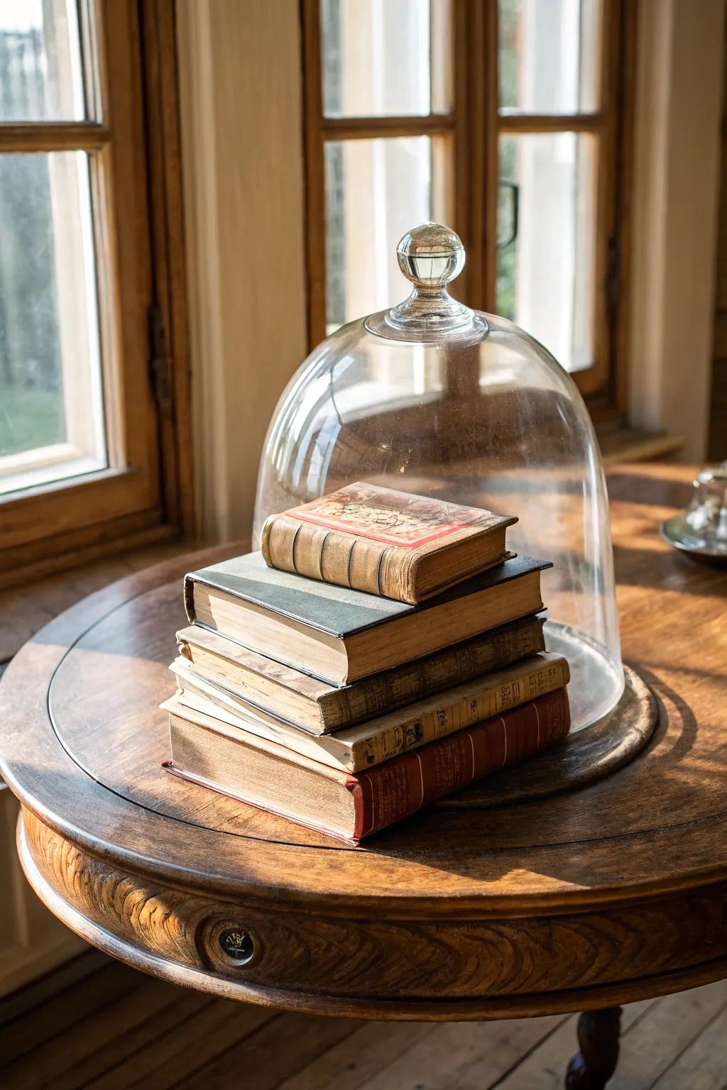 Refined beauty with books safeguarded in a see-through enclosure.