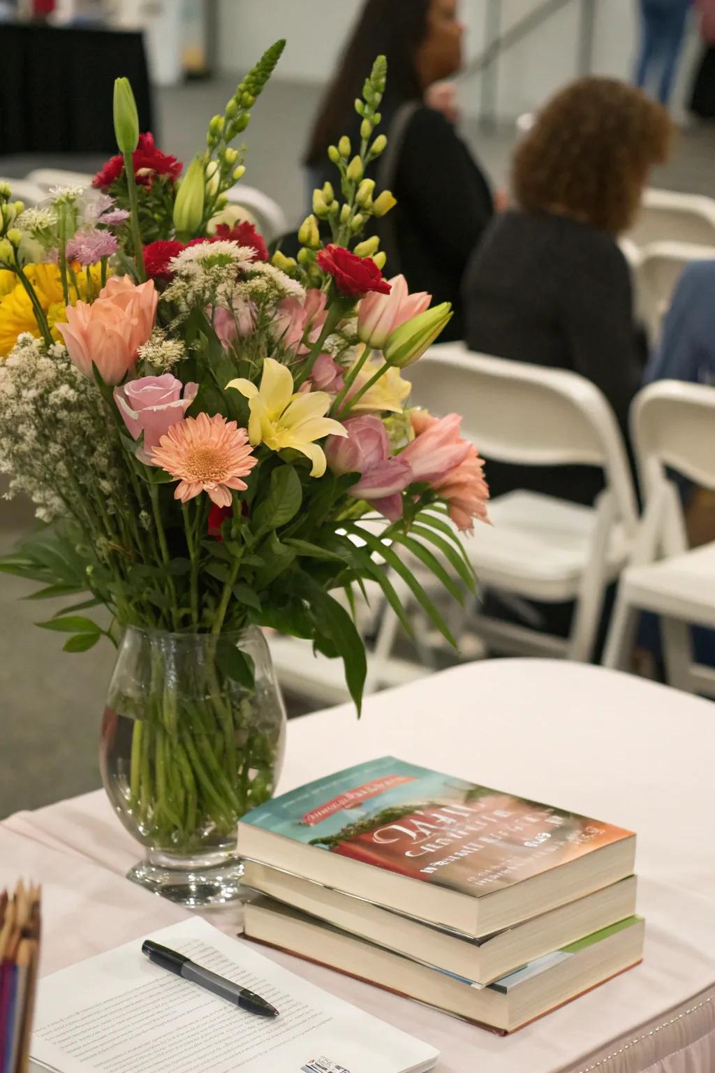 Flowers introduce color and refinement.