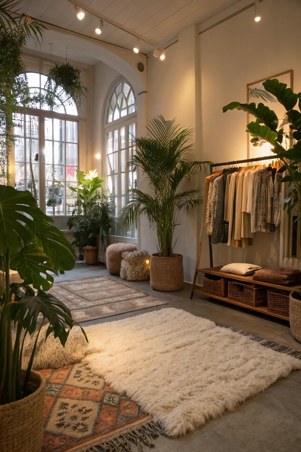 A boutique interior featuring inviting elements such as deluxe rugs and vibrant plants for extra warmth.