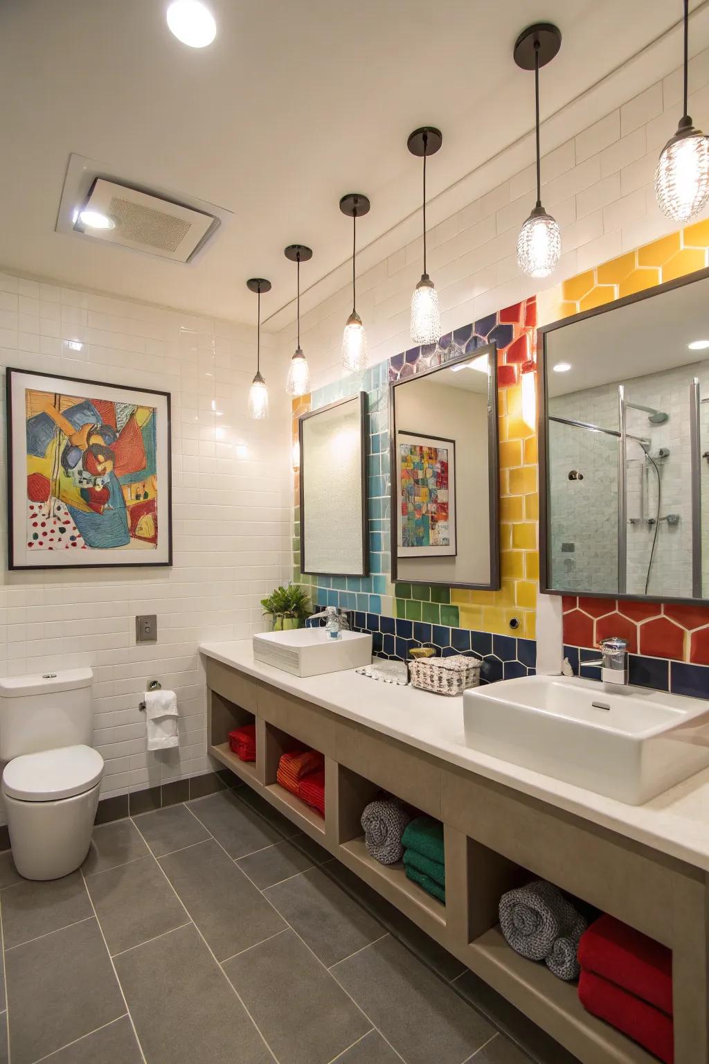 Contemporary lighting offers a modern touch to a boys' bathroom.