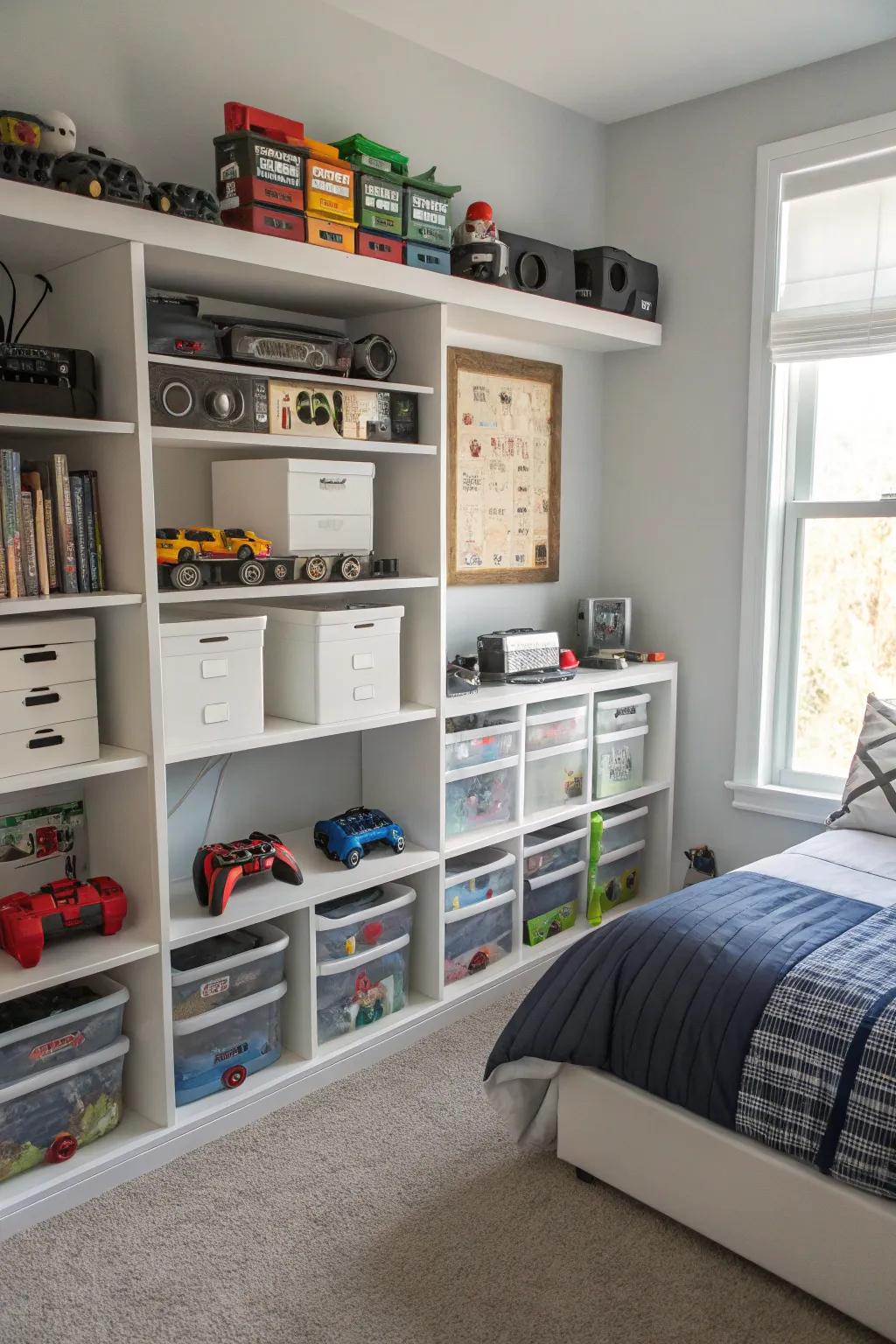 Neatly arranged racks retain gaming adjuncts in good order.