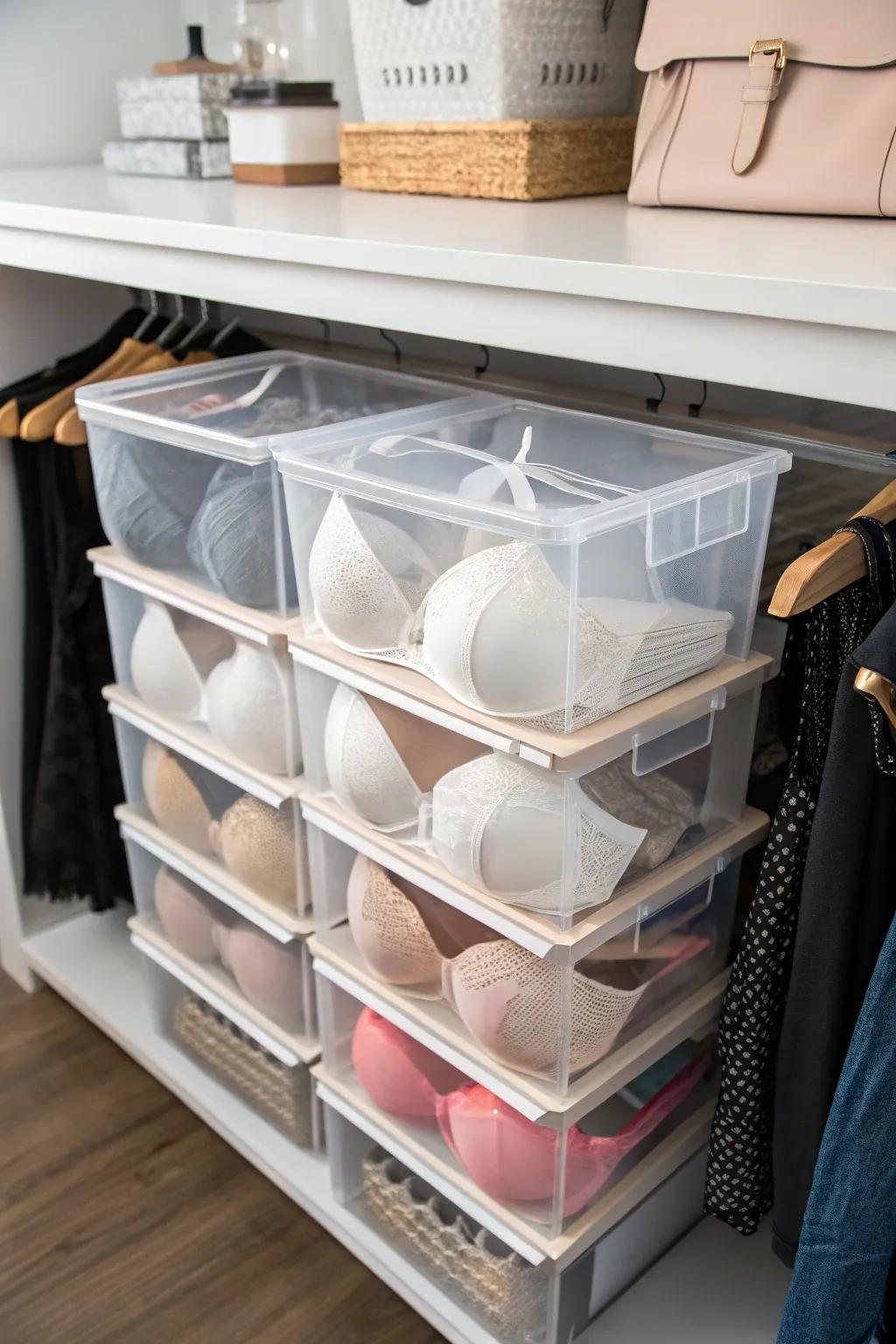 Maintain organized bras with stackable containers.