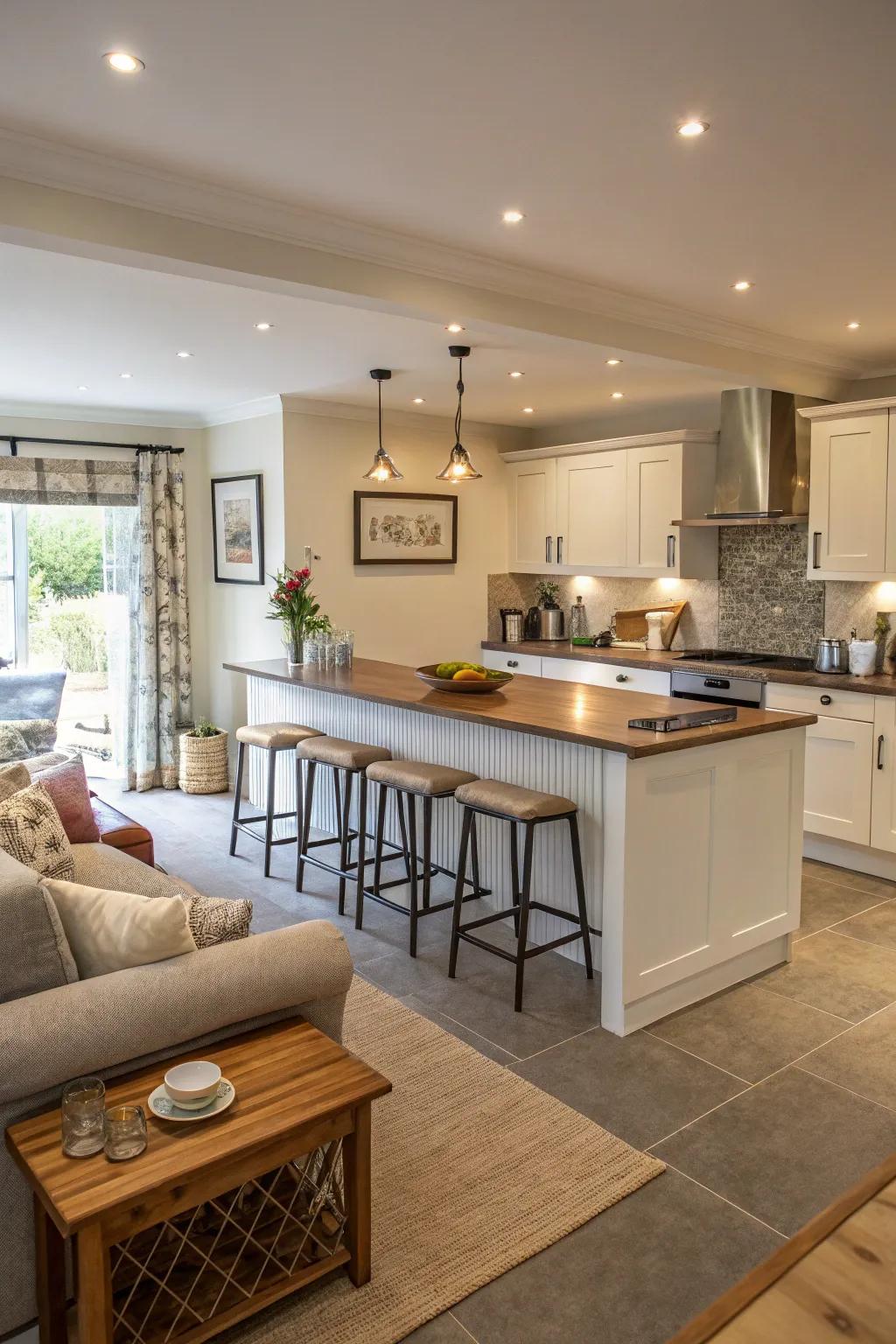A kitchen with an open design featuring a breakfast bar that promotes social interaction.