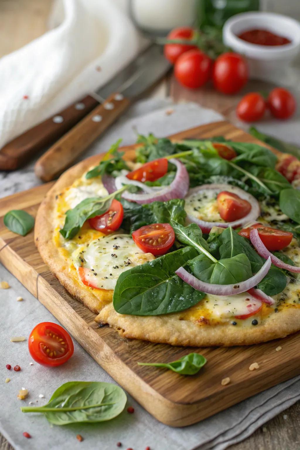 A savory morning flatbread laden with fresh vegetables.