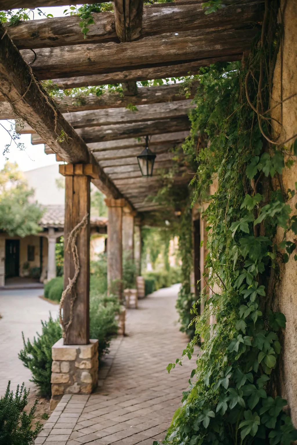Country-style wood beams introducing warmth and charm to the breezeway.