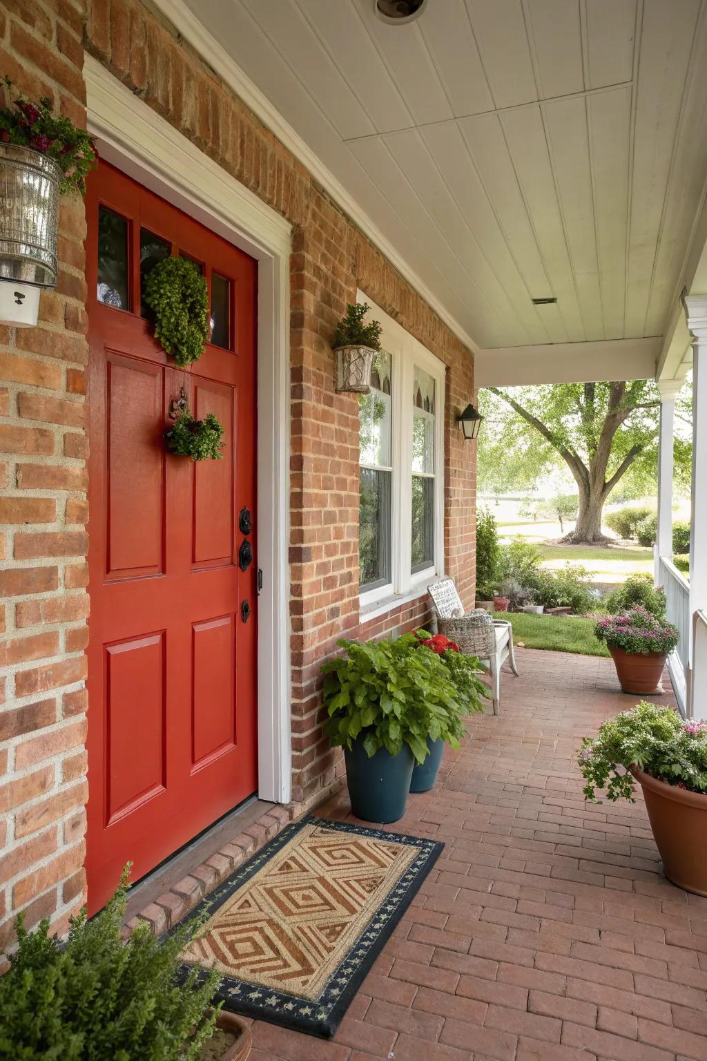 A vivid red door adds a cheerful element to this brick porch.