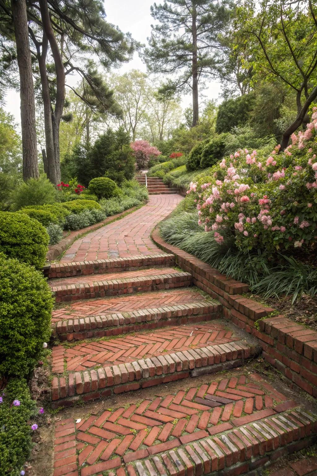 Herringbone brick steps presenting a stylish design.
