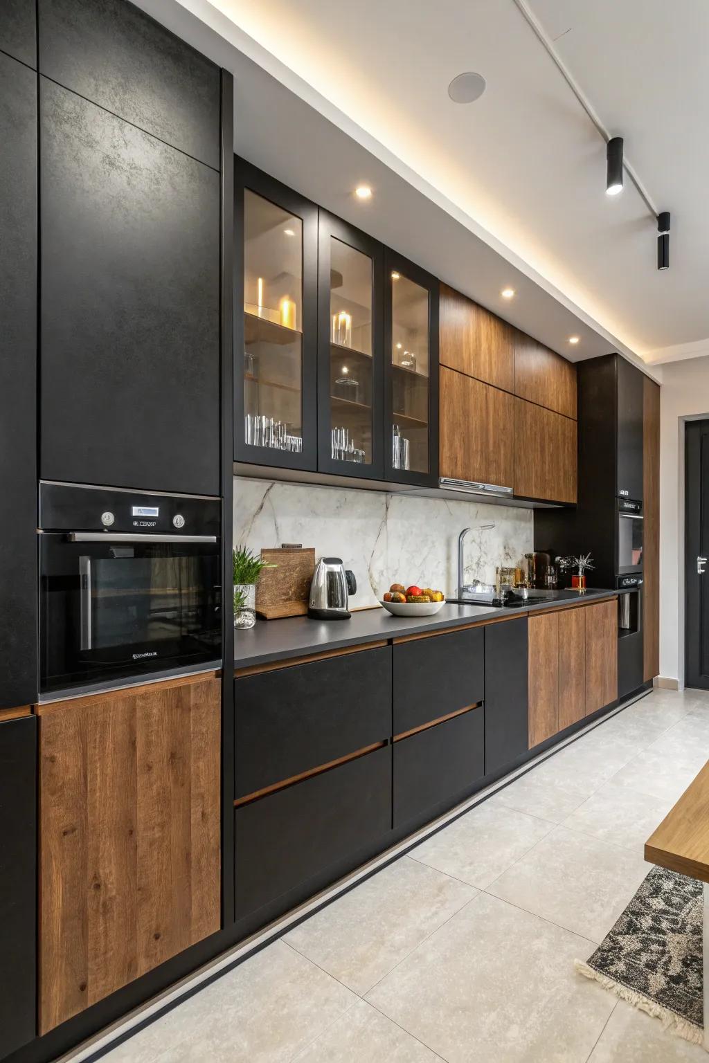 Make a statement with black and brown cabinets.