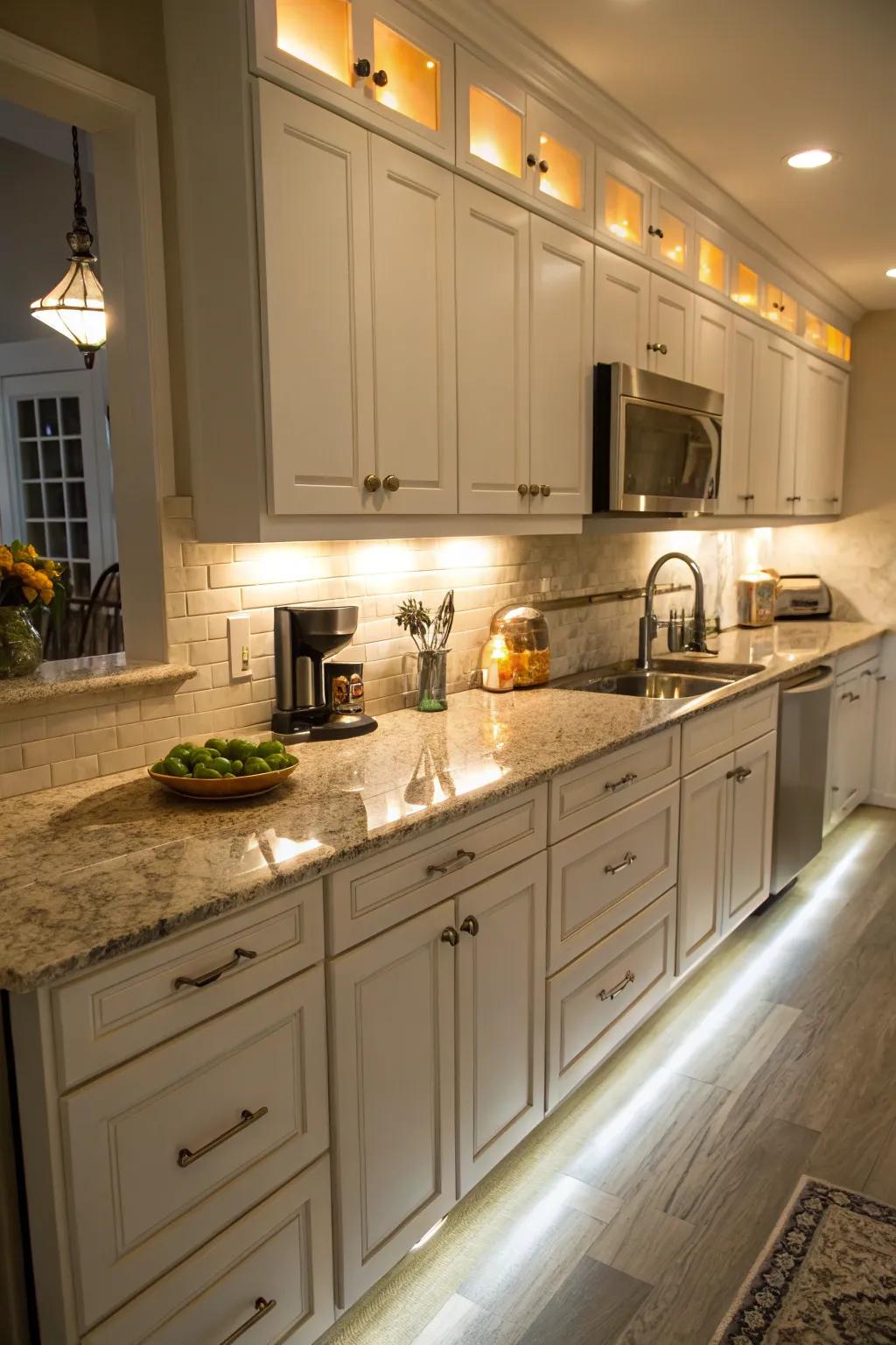 Under-cabinet lights enhance both functionality and atmosphere.