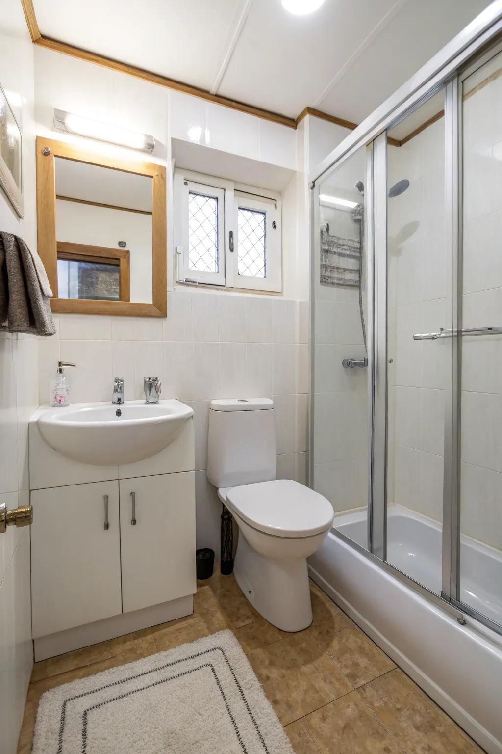 A minimalist layout strategy maintains an uncluttered bathroom environment.