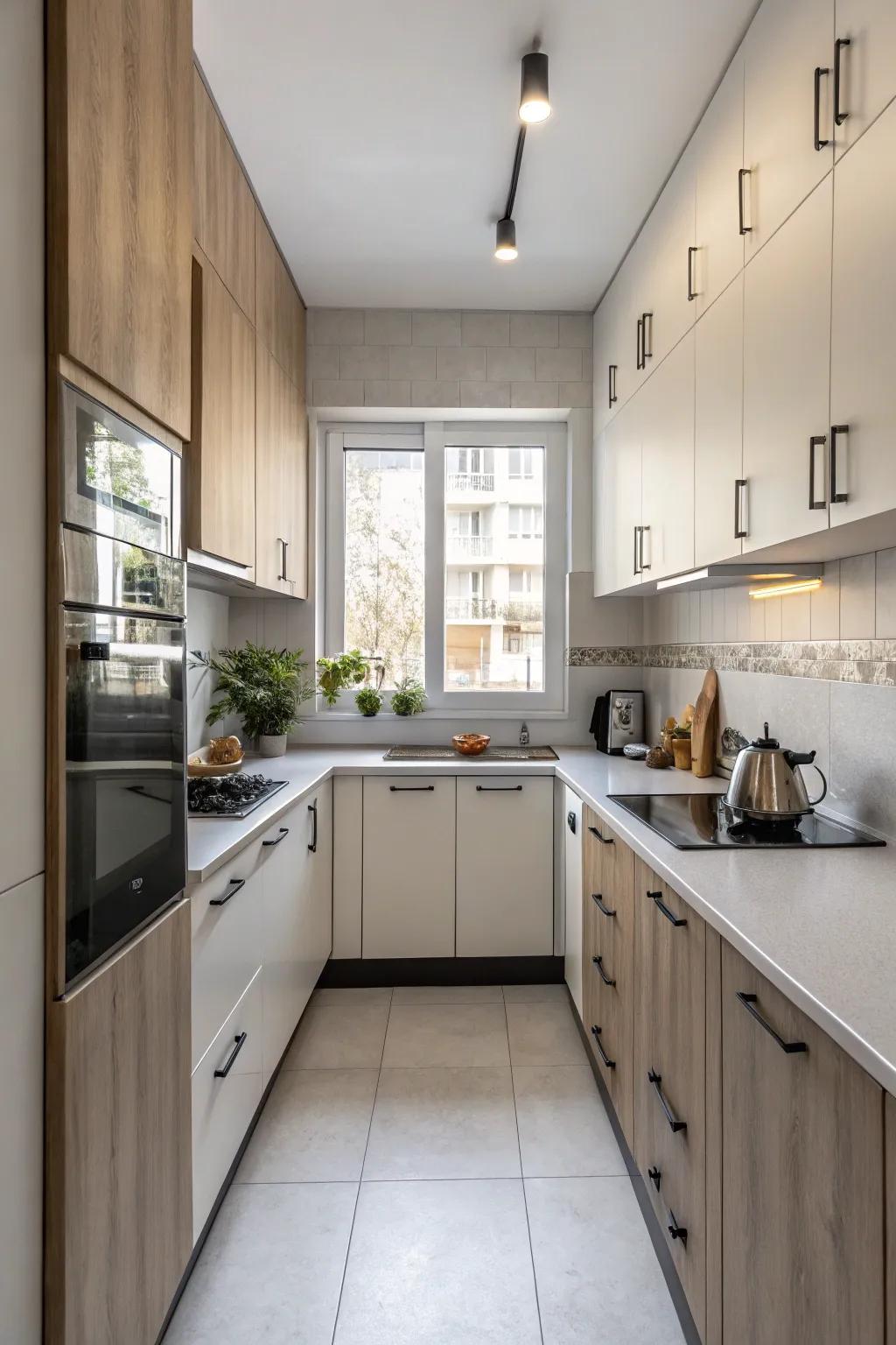 Contrasting cabinetry contributes a fashionable edge to a compact kitchen.