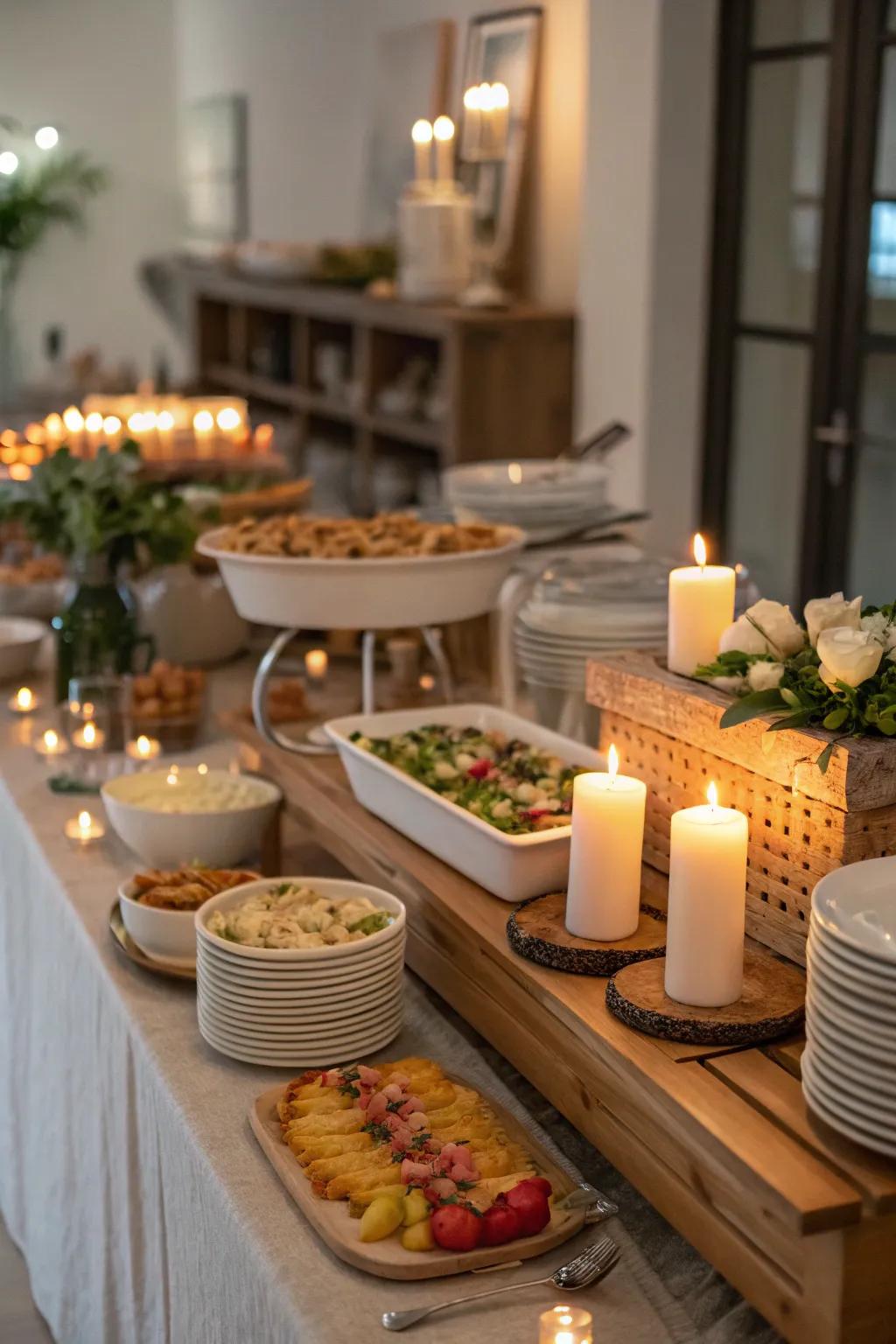 Candlelight casts a gentle, welcoming radiance over your buffet.