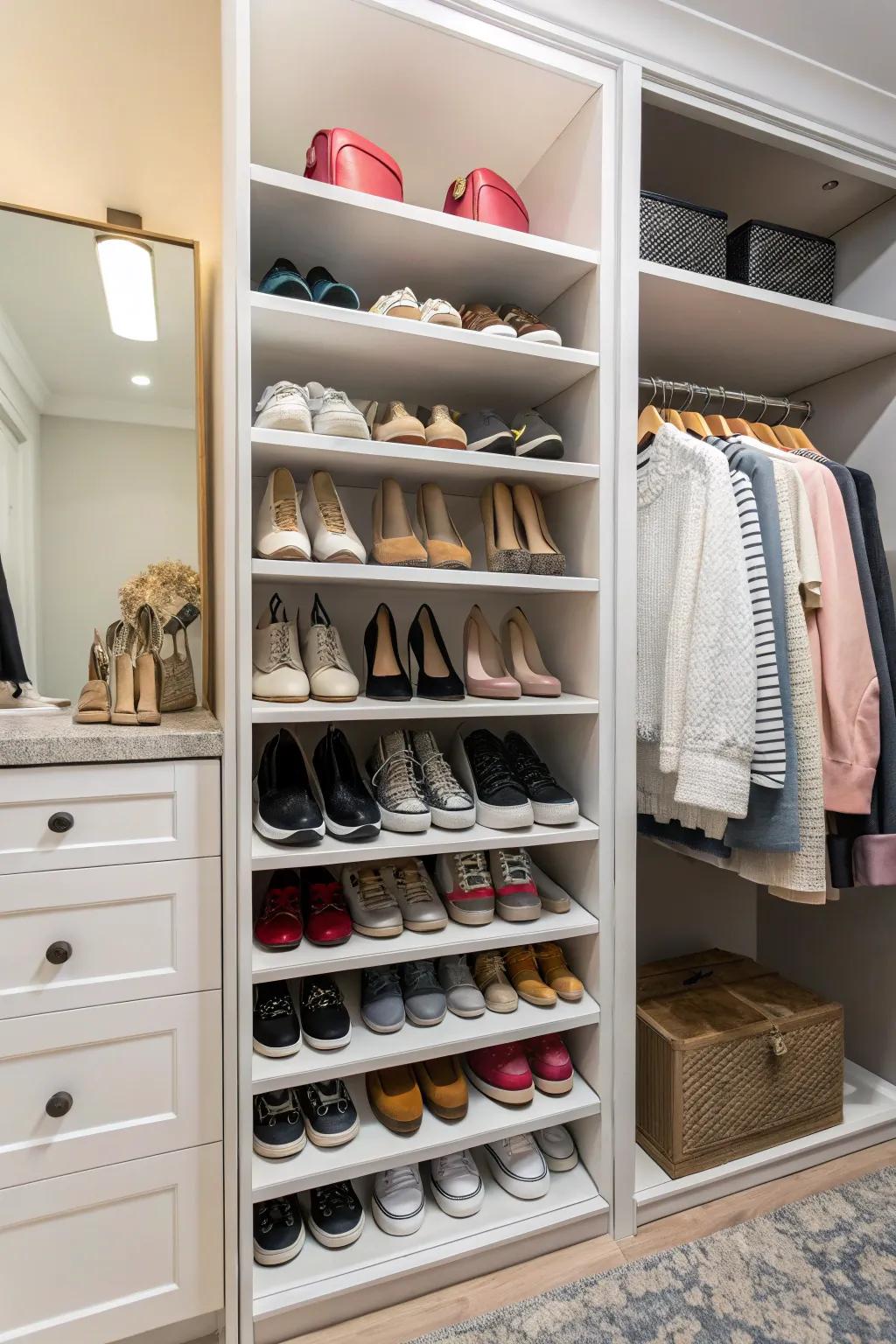 A dedicated shoe rack helps keep footwear well-organized.