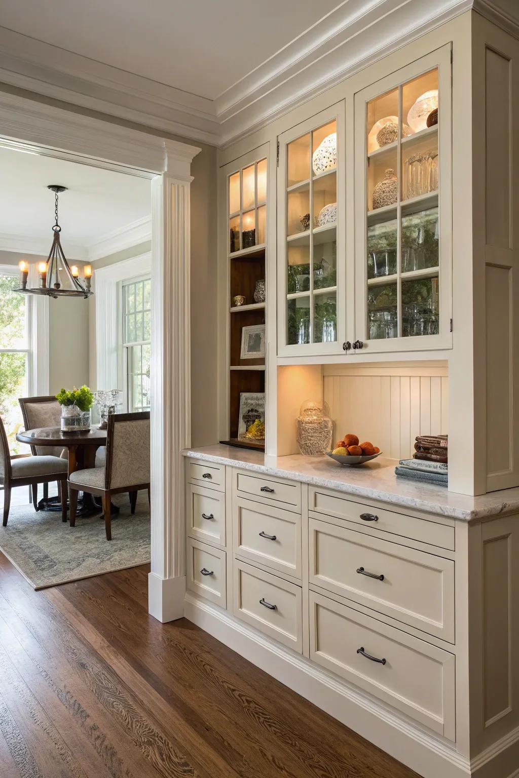 Built-in cabinets fitted into an alcove, making efficient use of corner space.