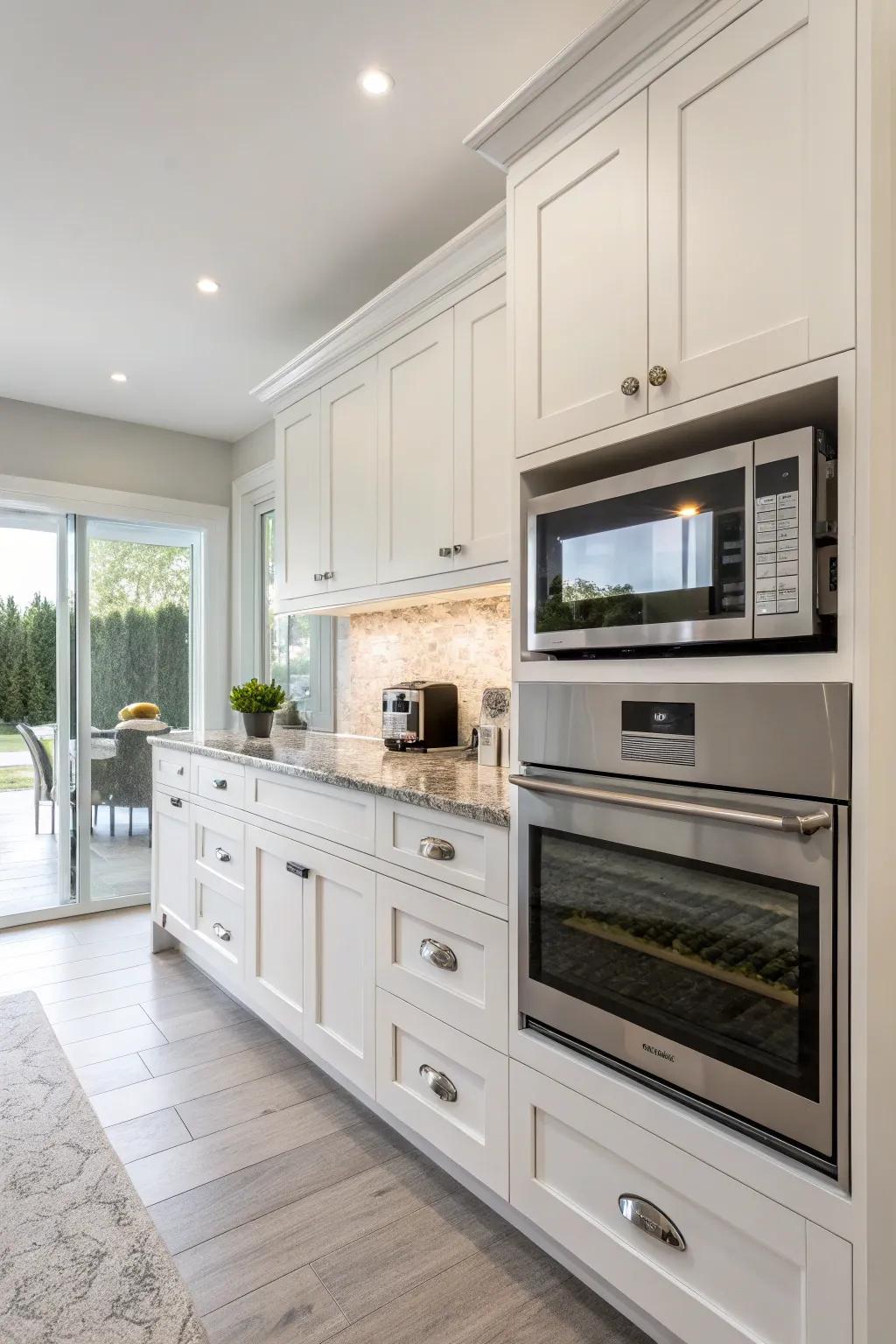 Modern kitchen featuring a pull-out cabinet for the wave emitter.