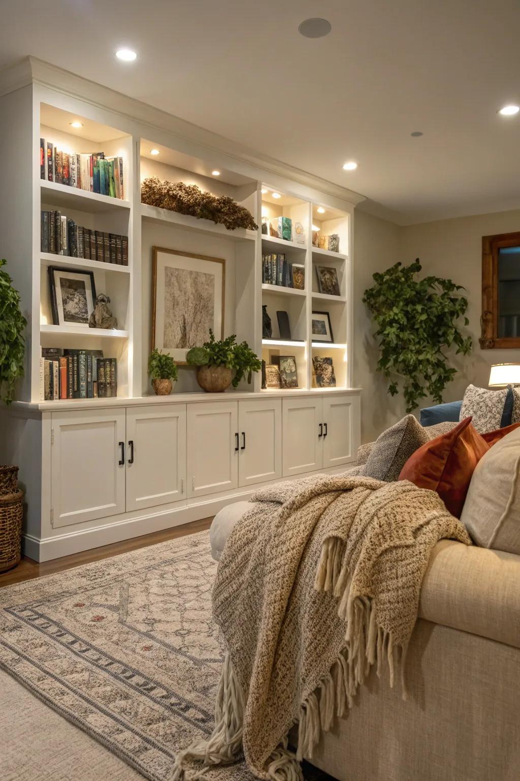 Soft furnishings and ambient lighting enhance the space's coziness.