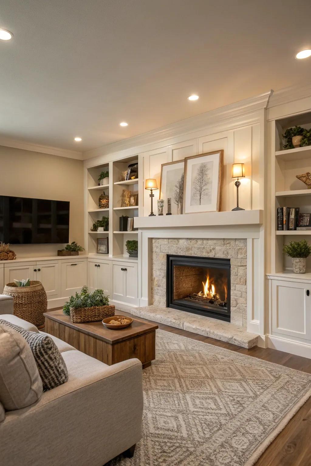Neutral hues provide a traditional and serene fireplace environment.