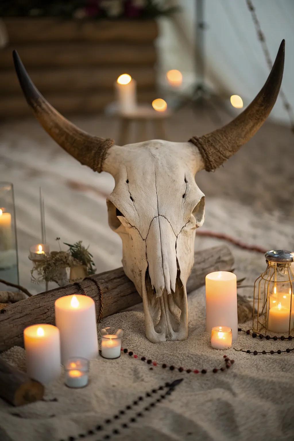 Cozy ambiance with candles around a bull skull.