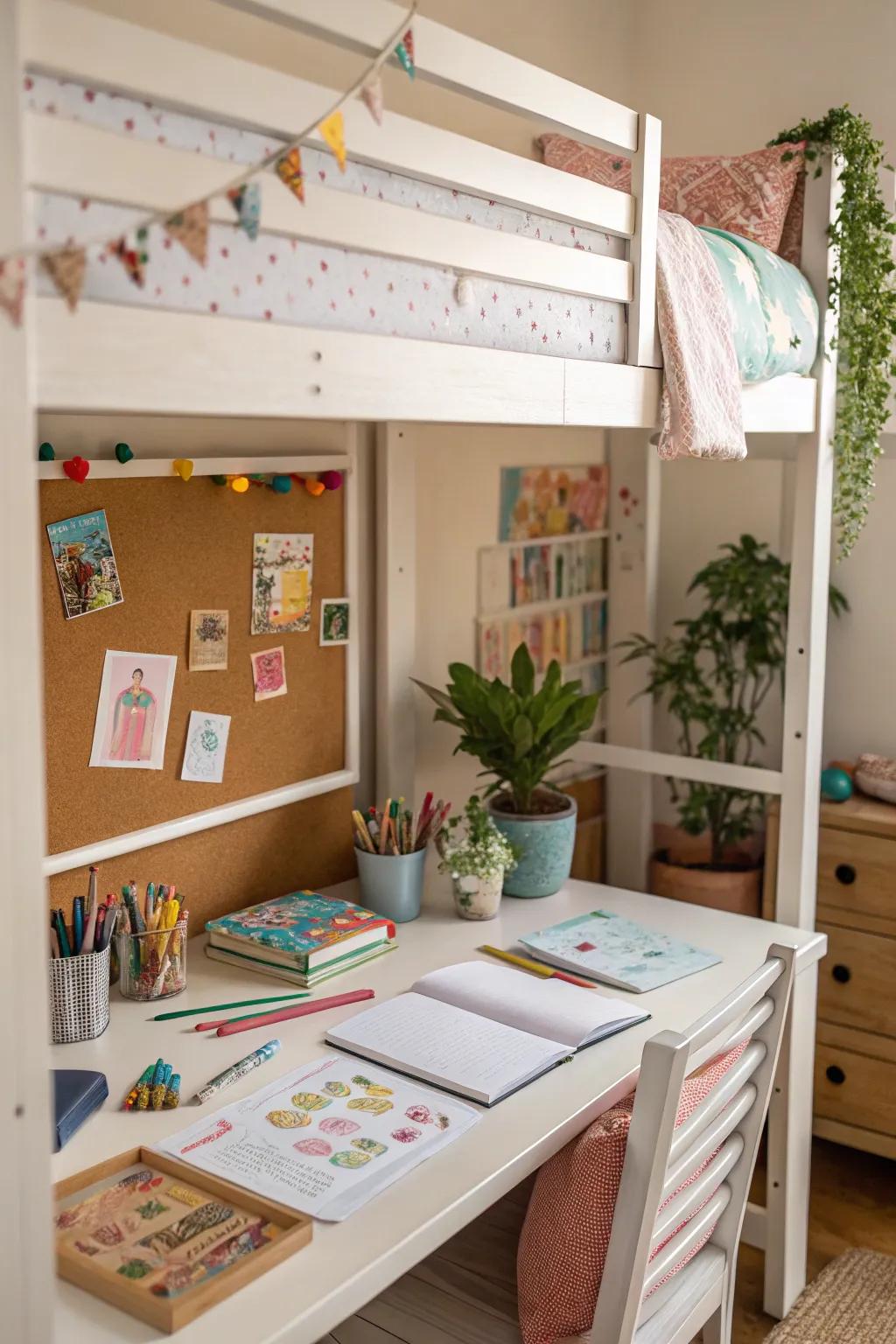 A desk with a corkboard offers a place to express personal creativity.