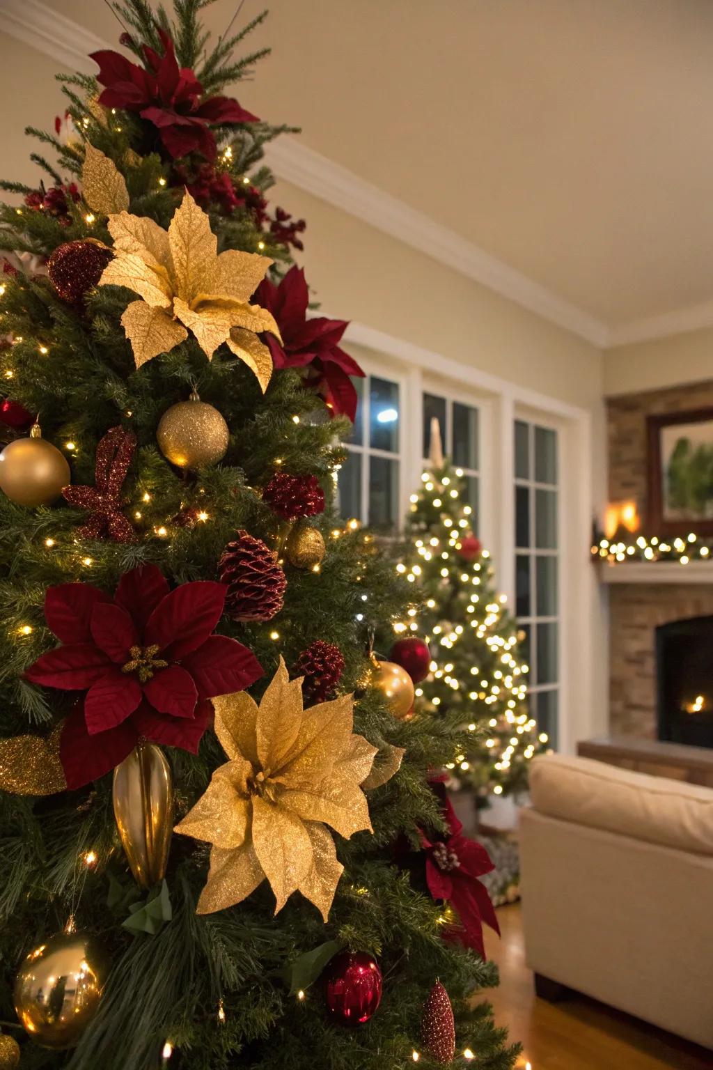 Floral components introduce a natural element to the tree.