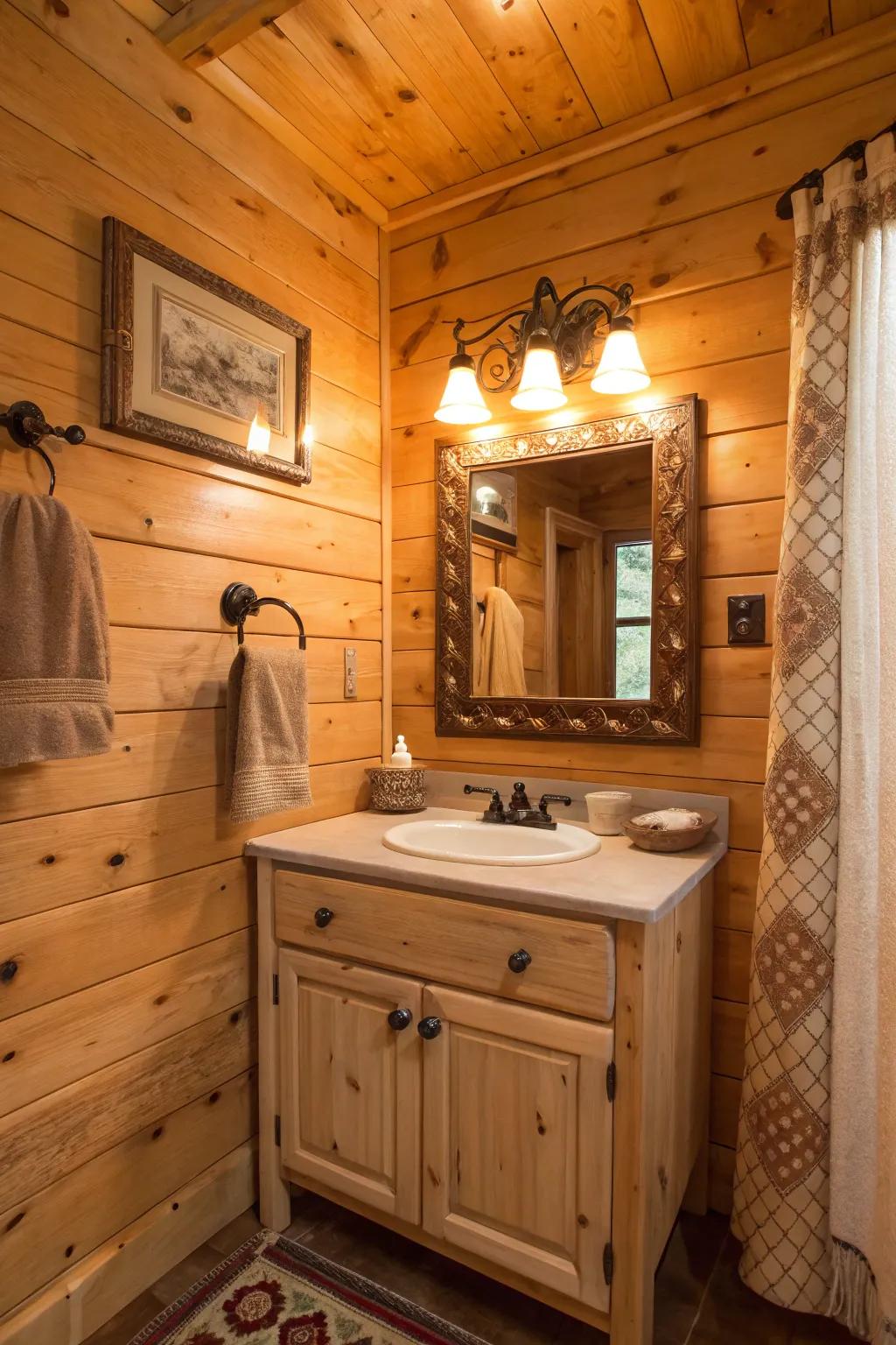 Subdued lighting enhances the cozy ambiance of a cabin bathroom.