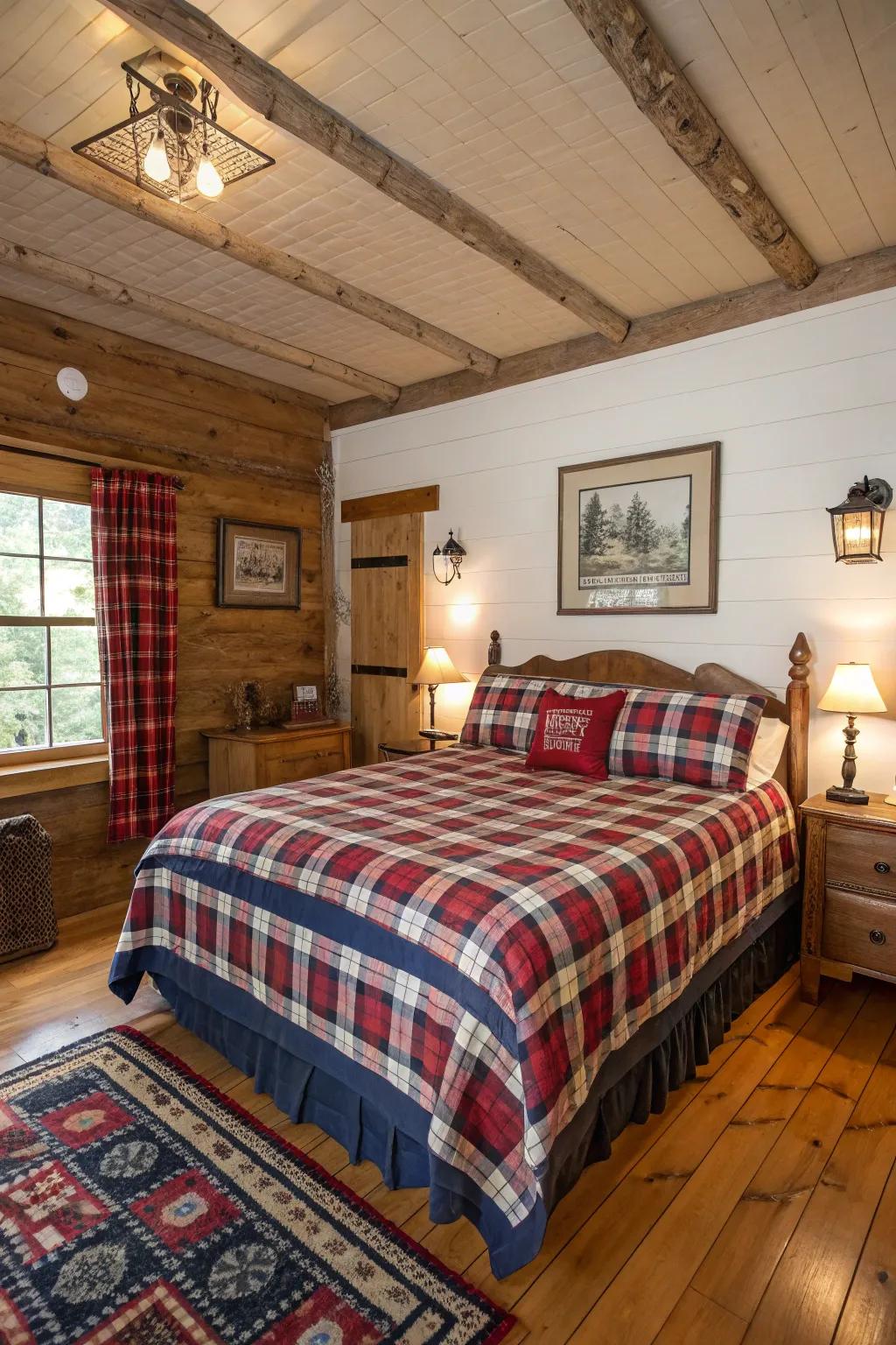 A cabin bedroom showcasing checkered bedding and heritage patterns.