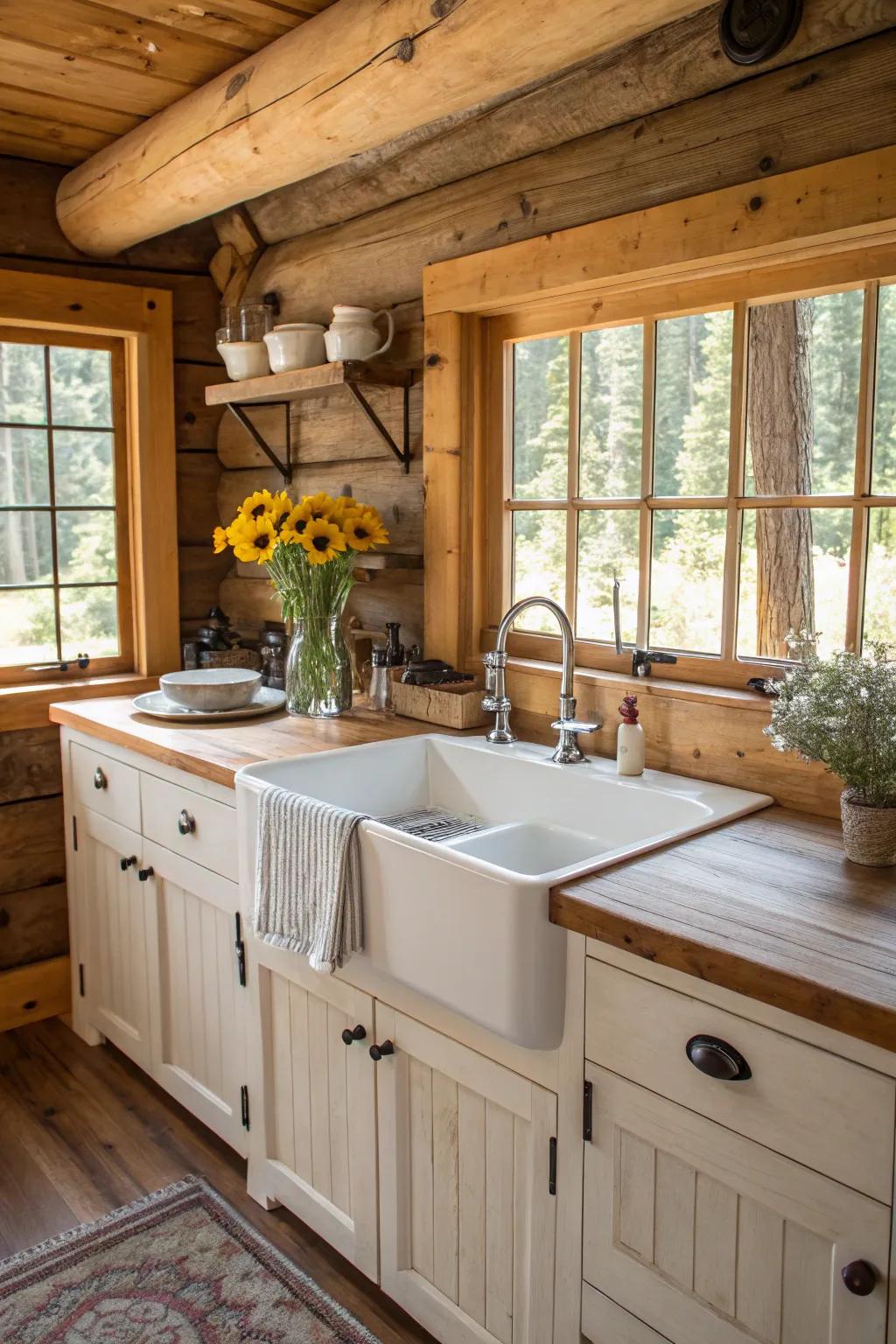 A farmhouse sink is a charming and functional addition to any cabin cooking space.