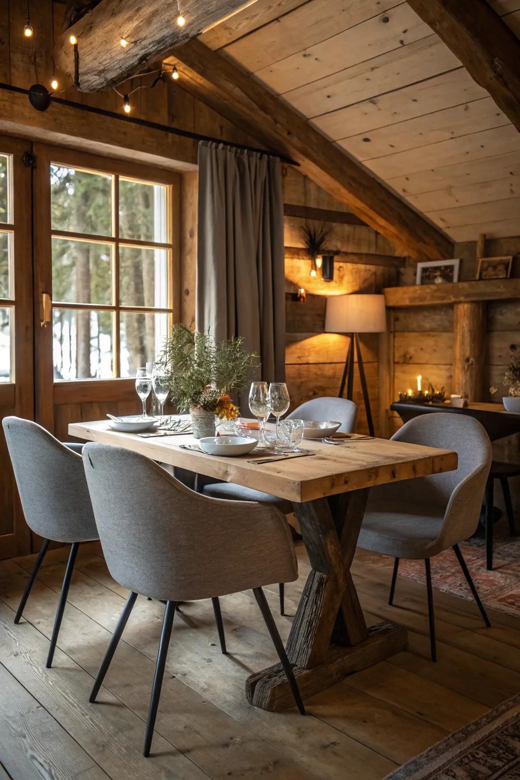 A harmonious mix of rustic and modern fashions inside the dining room.