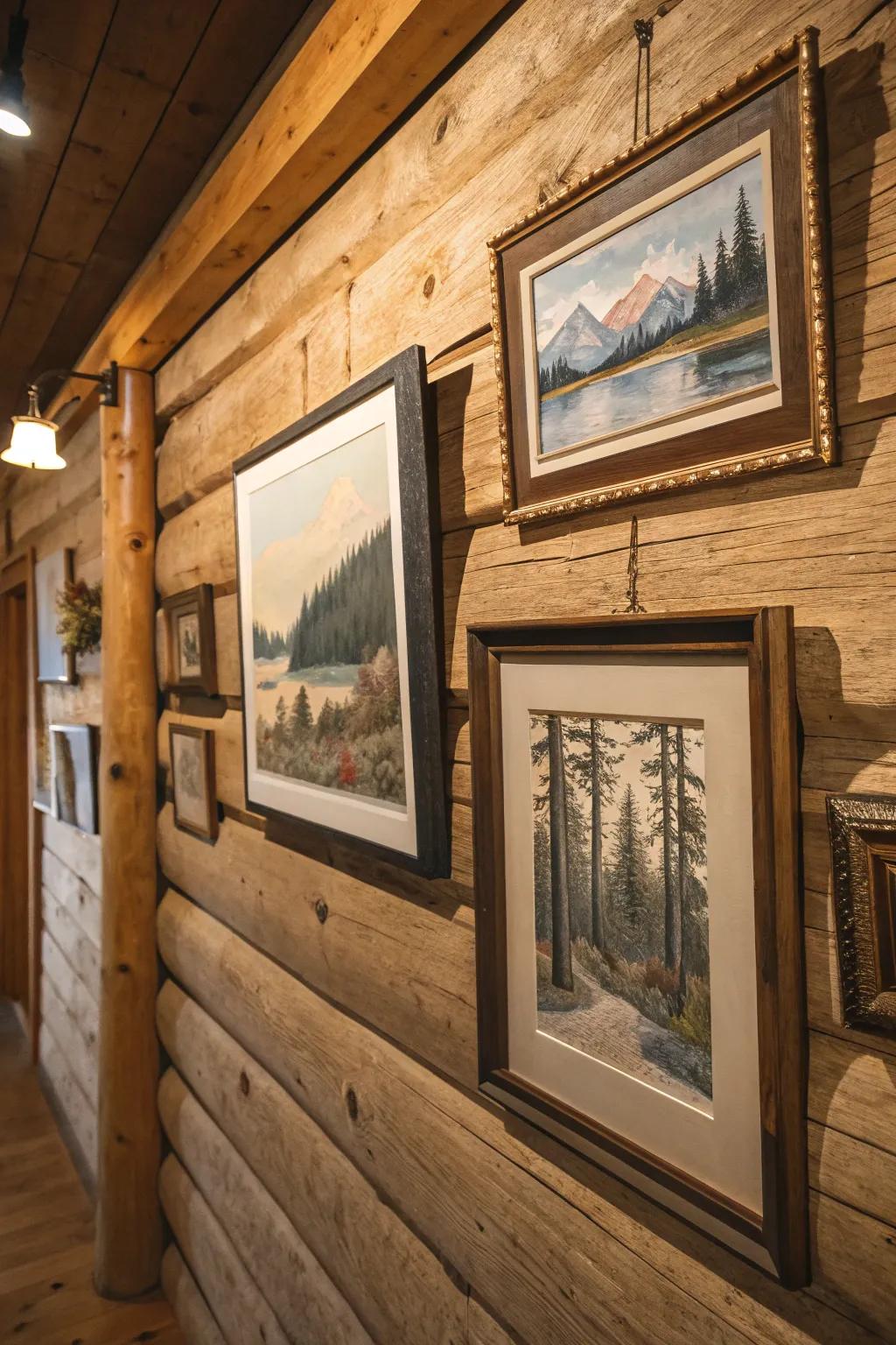 Art pieces in homespun frames adding a personal nuance to the cabin.