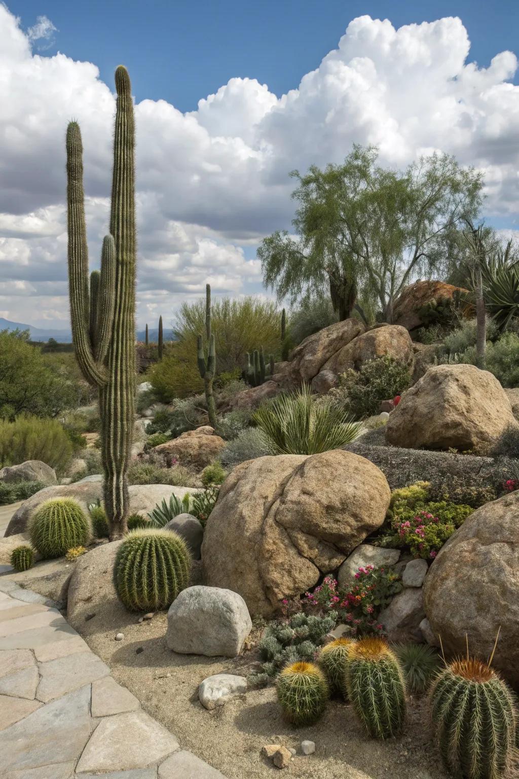 A secluded rock garden featuring cacti nestled among stones.