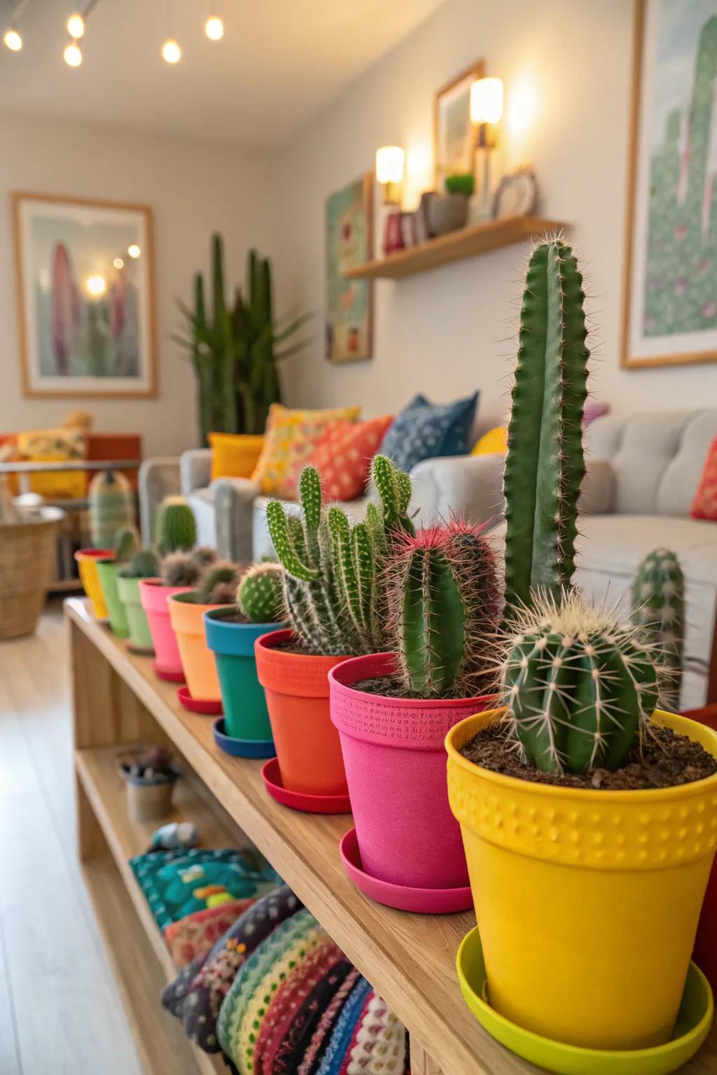 Vividly painted pots contribute a burst of color to your cactus selection.