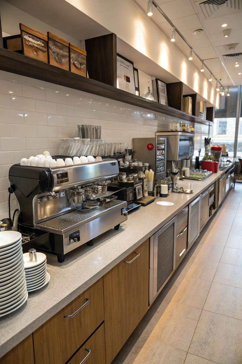 A sequential layout in a cafe kitchen, structured for streamlined service.