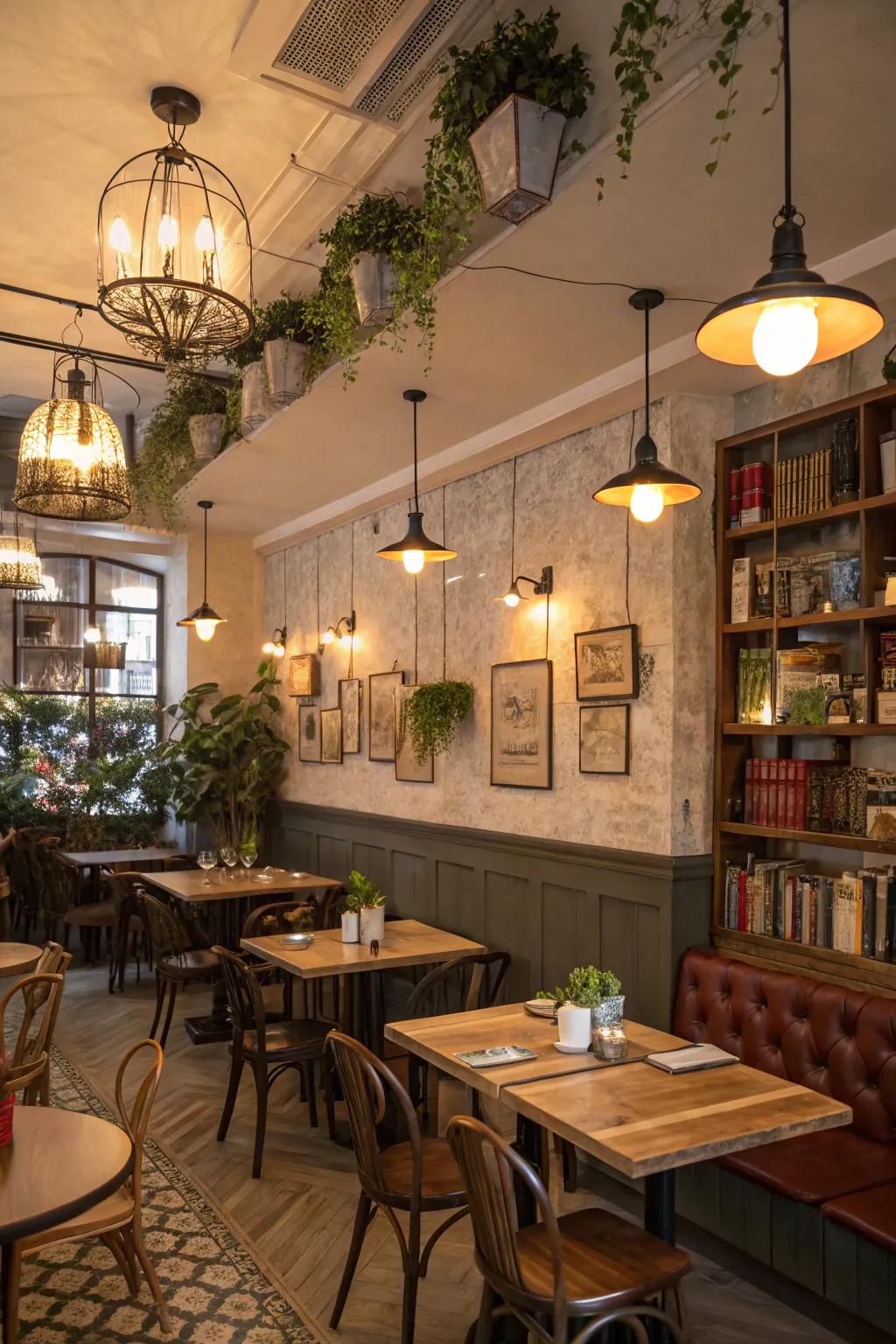 A stylish cafe design exhibiting a variety of light fixtures to create a layered effect.