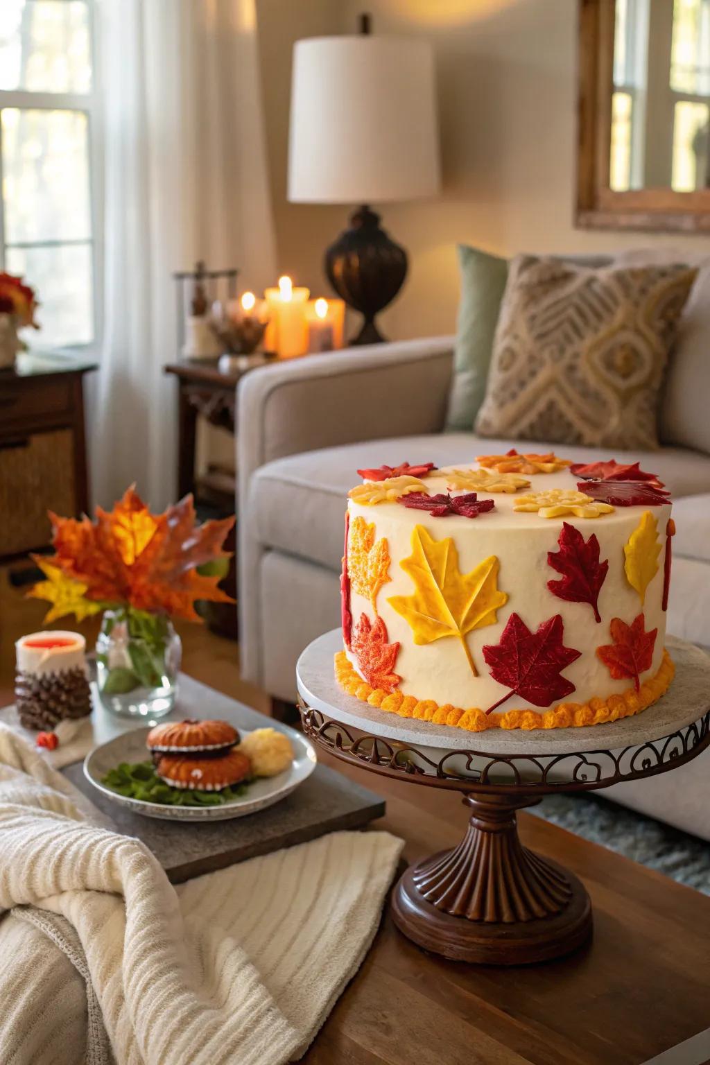A seasonal buttercream cake exhibiting autumnal colors and designs