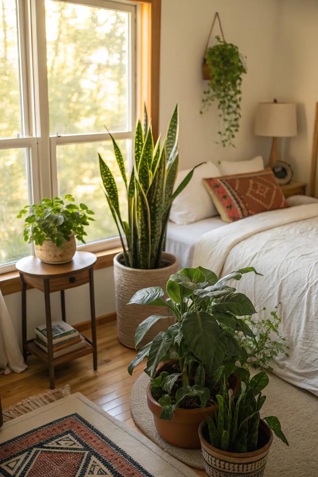 Bedroom featuring indoor plants such as peace lilies and potted greenery for a natural element.