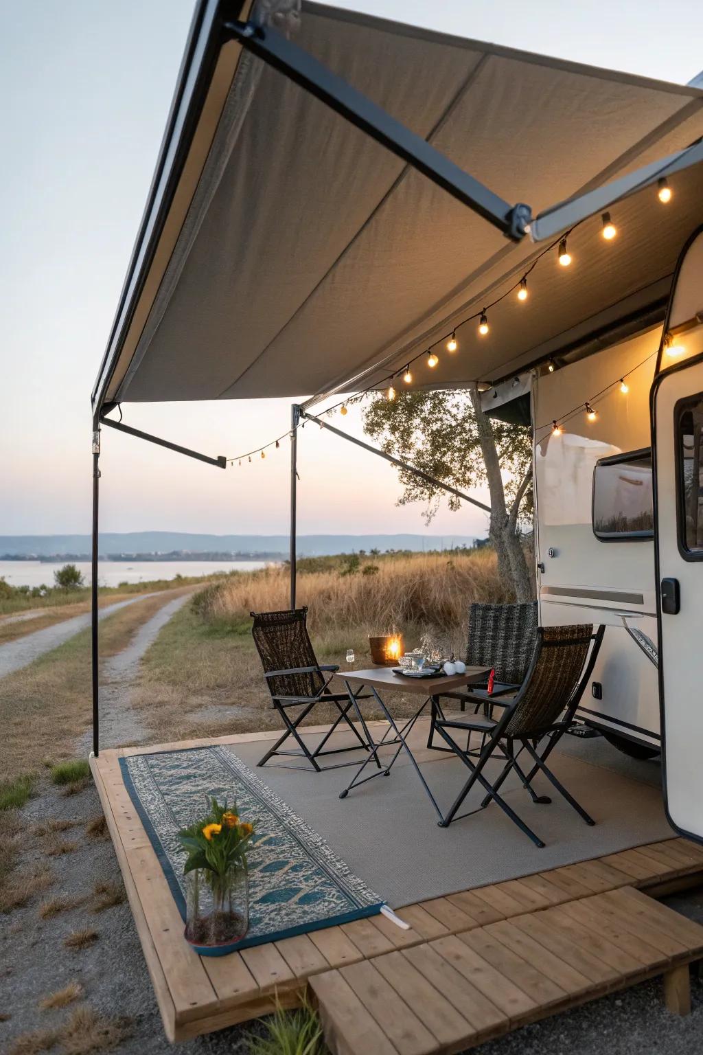 An awning furnishing coverage and shade on a camper porch.