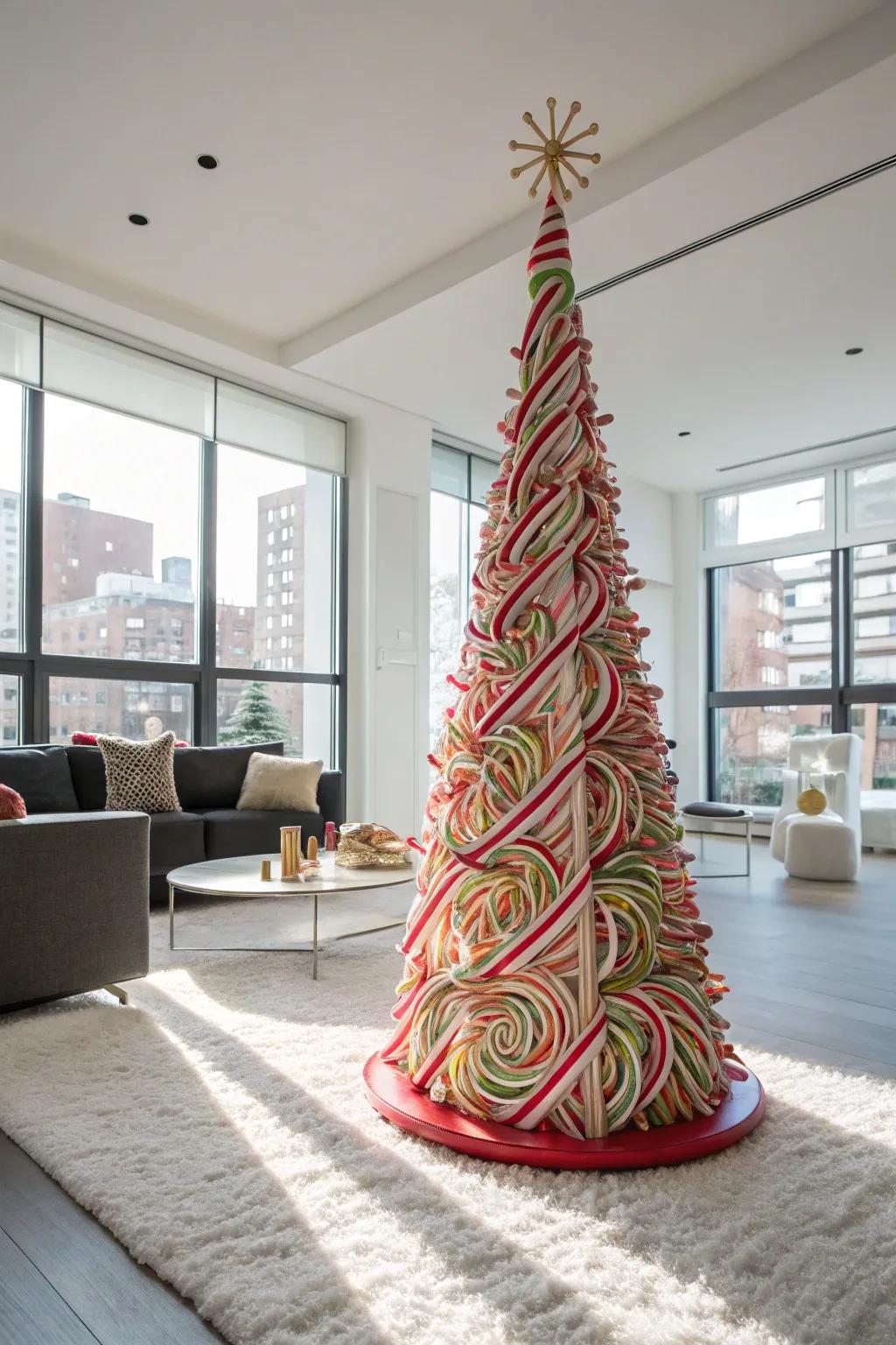 An creative sweet stripe tree figure for a surprising holiday display.