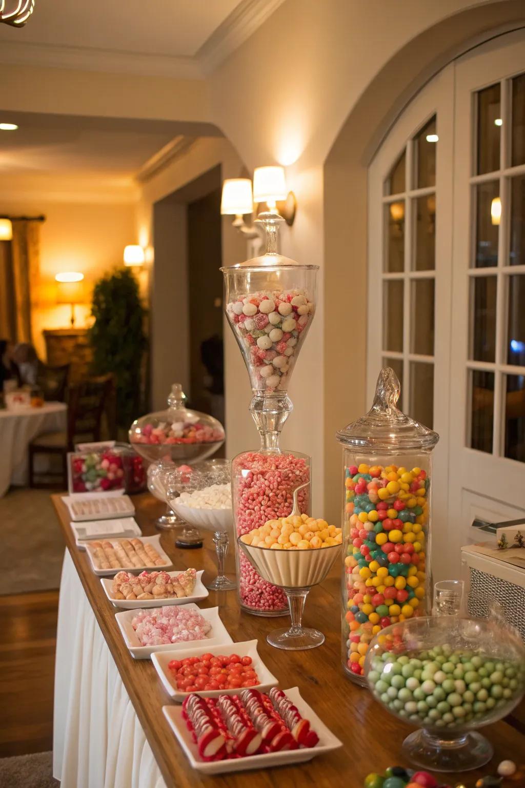 A symmetrically arranged candy station with balanced displays