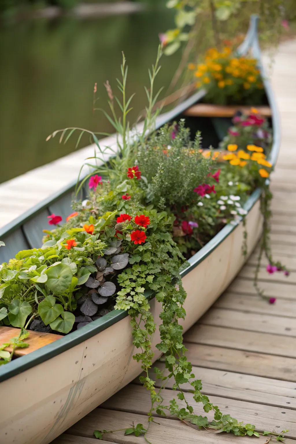A tilted watercraft planter creates dynamic visual interest in a garden.