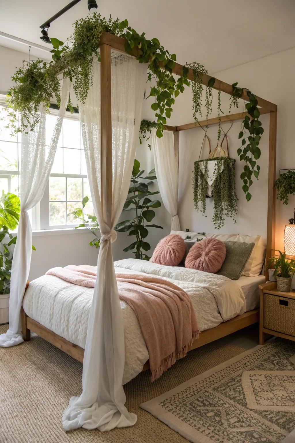 Hanging plants add a natural element to a four-poster bed.